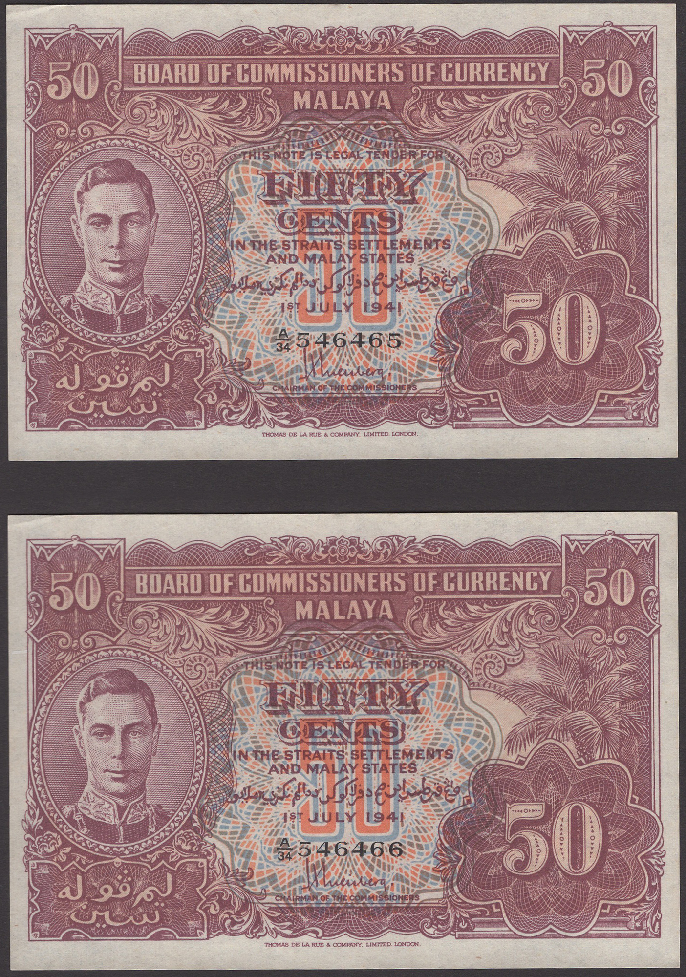 Board of Commissioners of Currency Malaya, 50 Cents (2), 1 July 1941, serial numbers A/34...