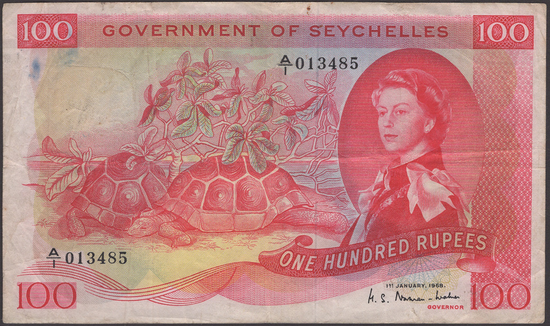 Government of Seychelles, 100 Rupees, 1 January 1968, serial number A/1 013485,...