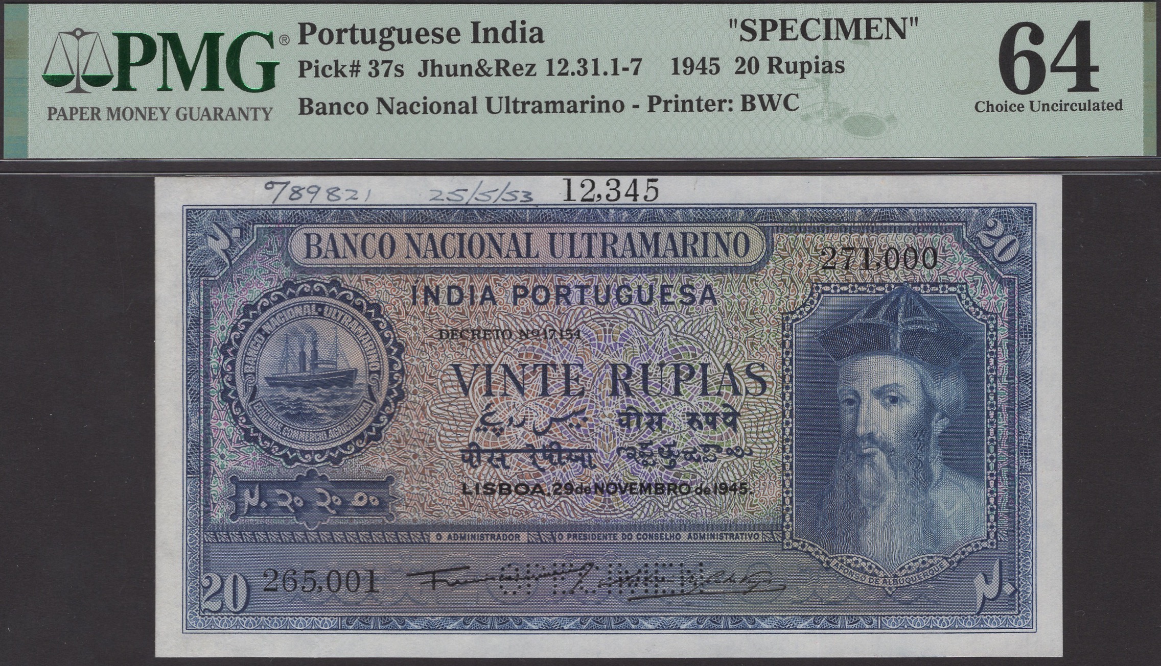 Banco Nacional Ultramarino, Portuguese India, printers archival specimen 20 Rupias, 29...