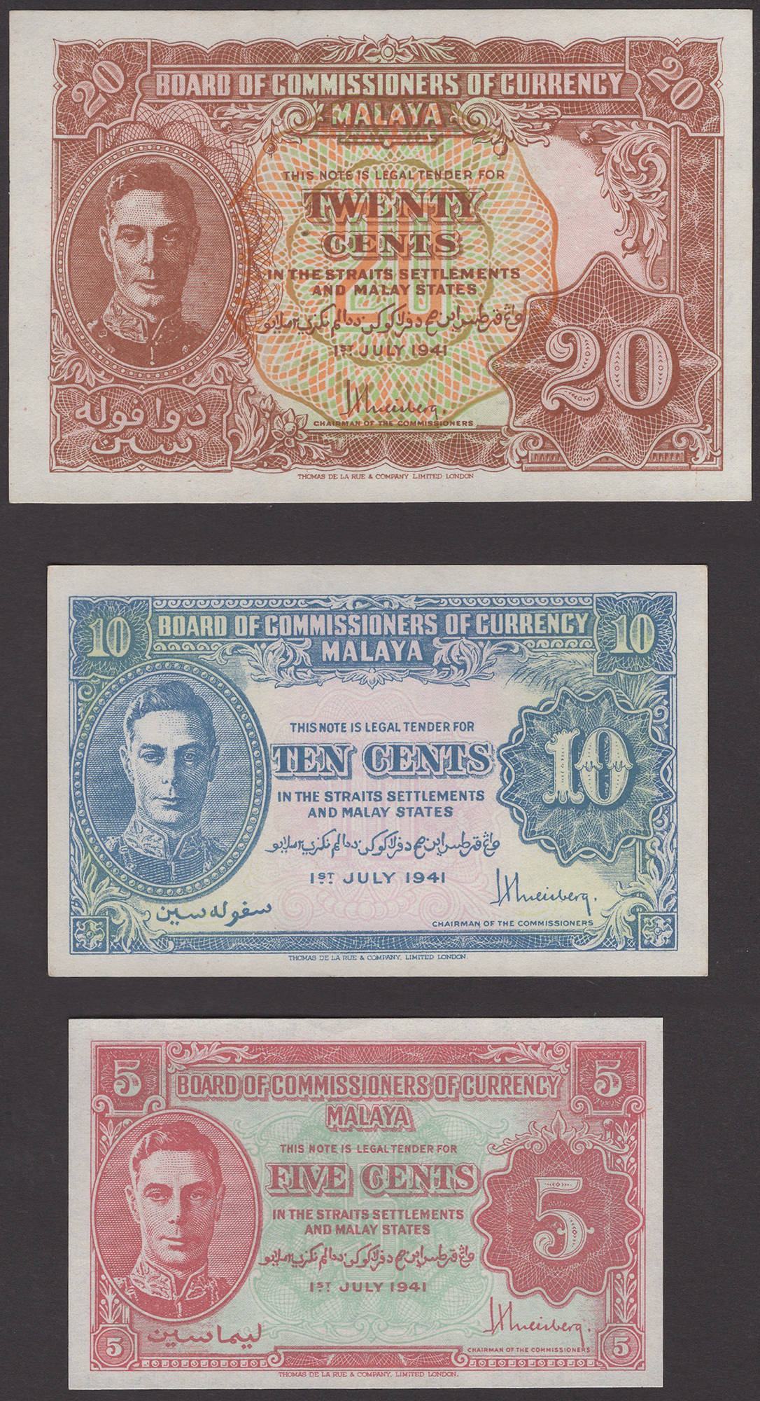 Board of Commissioners of Currency Malaya, 1 (2), 5 (2), 10 (2) and 20 Cents (2), all 1... - Image 3 of 4