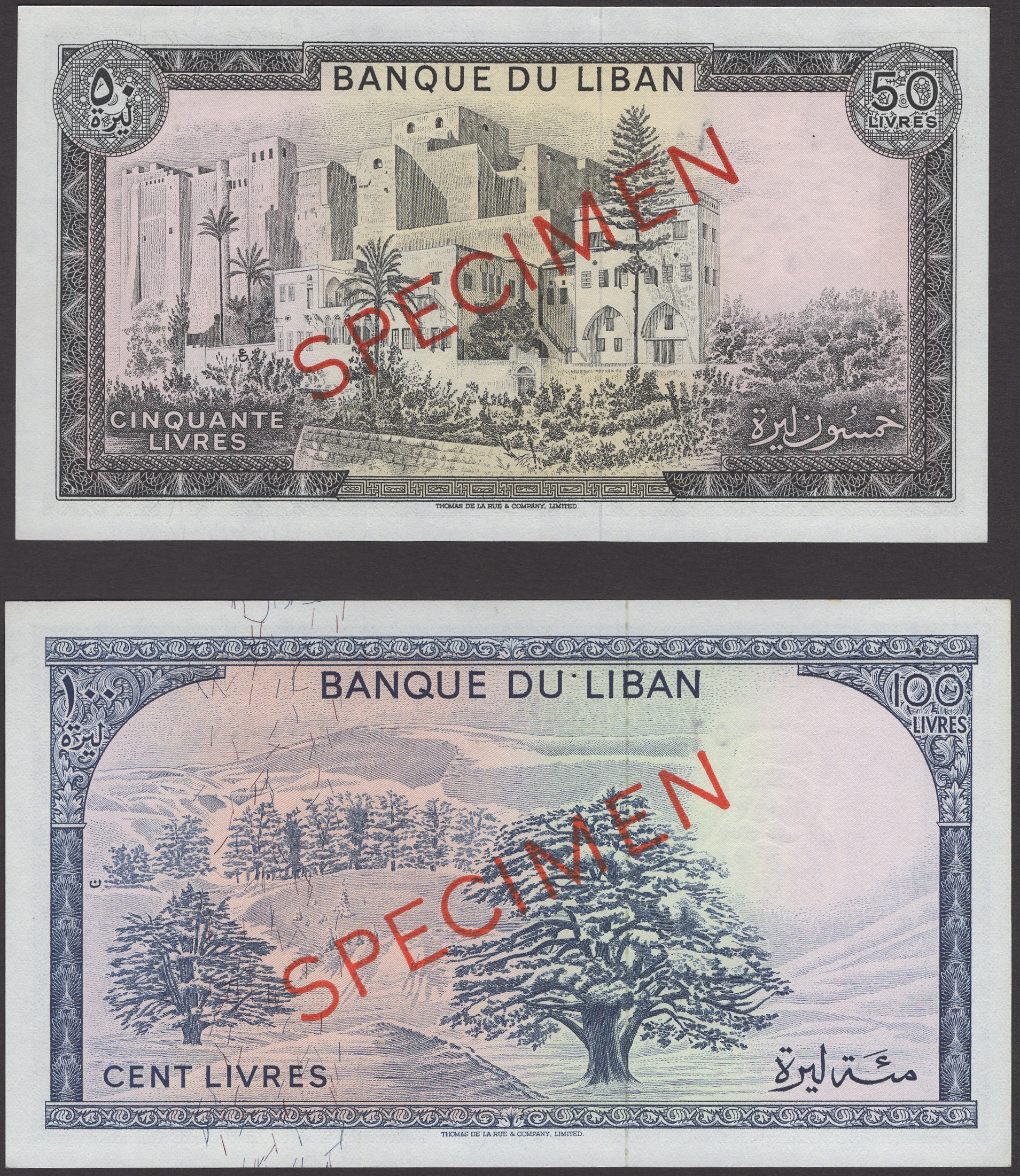 Banque du Liban, specimen 50 and 100 Livres, 1964, zero serial numbers, red SPECIMEN... - Bild 2 aus 2