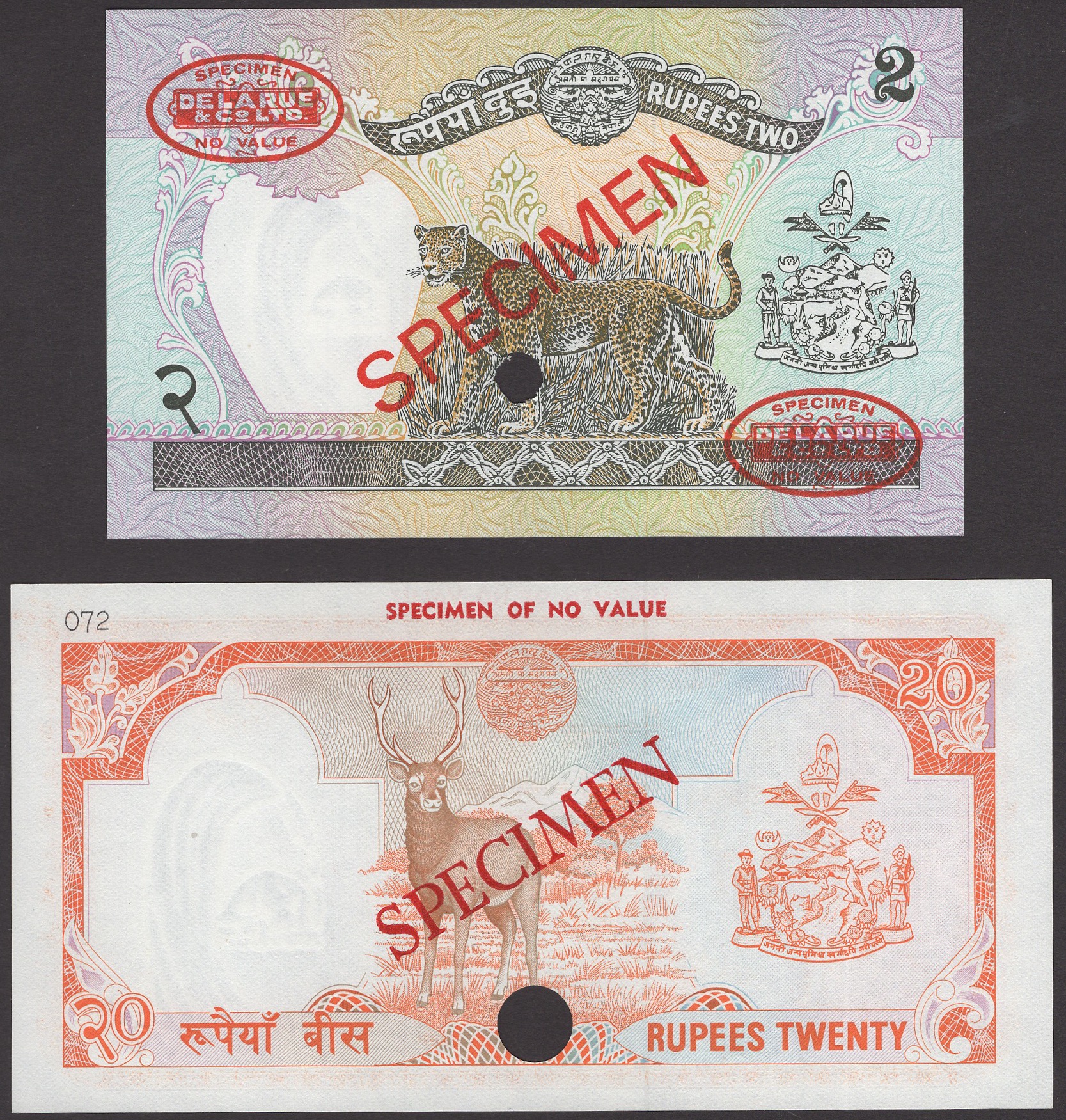 Nepal Rastra Bank, specimen 2 Rupees, ND (1981), zero serial numbers, also a specimen 20... - Bild 2 aus 2