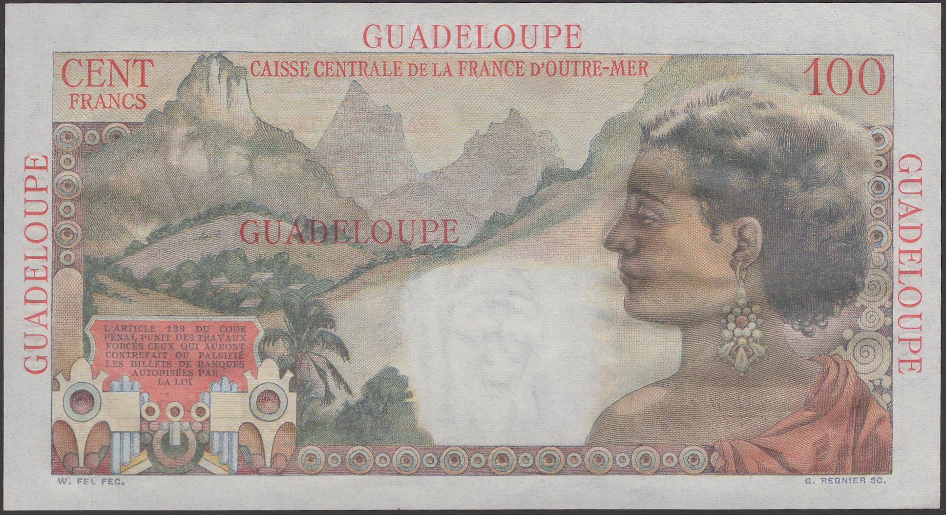 Caisse Centrale de la France d'Outre Mer, Guadeloupe, 100 Francs, ND (1947-49), serial... - Image 2 of 2