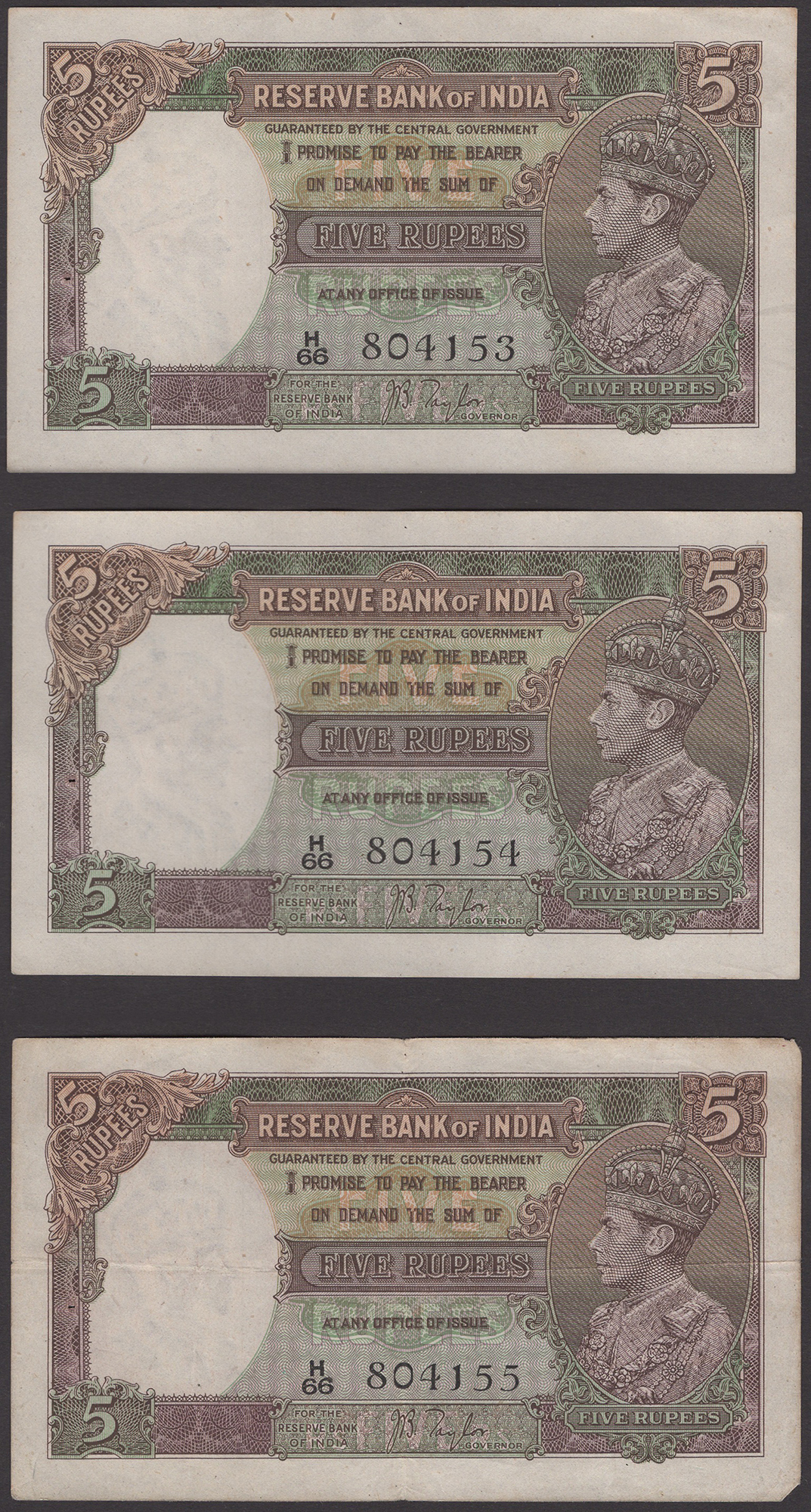 Reserve Bank of India, 5 Rupees (7), ND (1937), consecutive serial numbers H/66 804150-56,... - Image 3 of 6