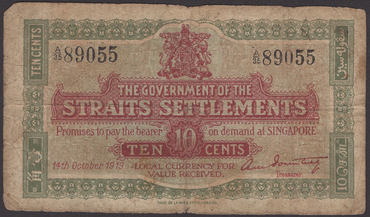 Government of the Straits Settlements, 10 Cents, 14 October 1919, serial number A/35 89055,...