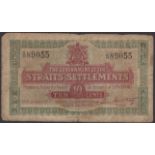 Government of the Straits Settlements, 10 Cents, 14 October 1919, serial number A/35 89055,...