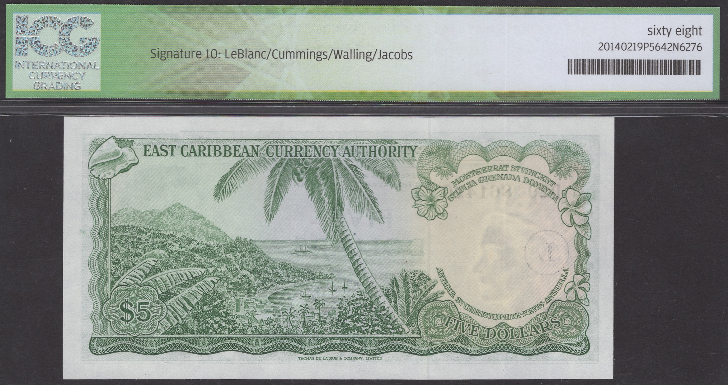 East Caribbean Currency Authority, $5, ND (1965), serial number D20 861420, L in field at... - Image 2 of 2