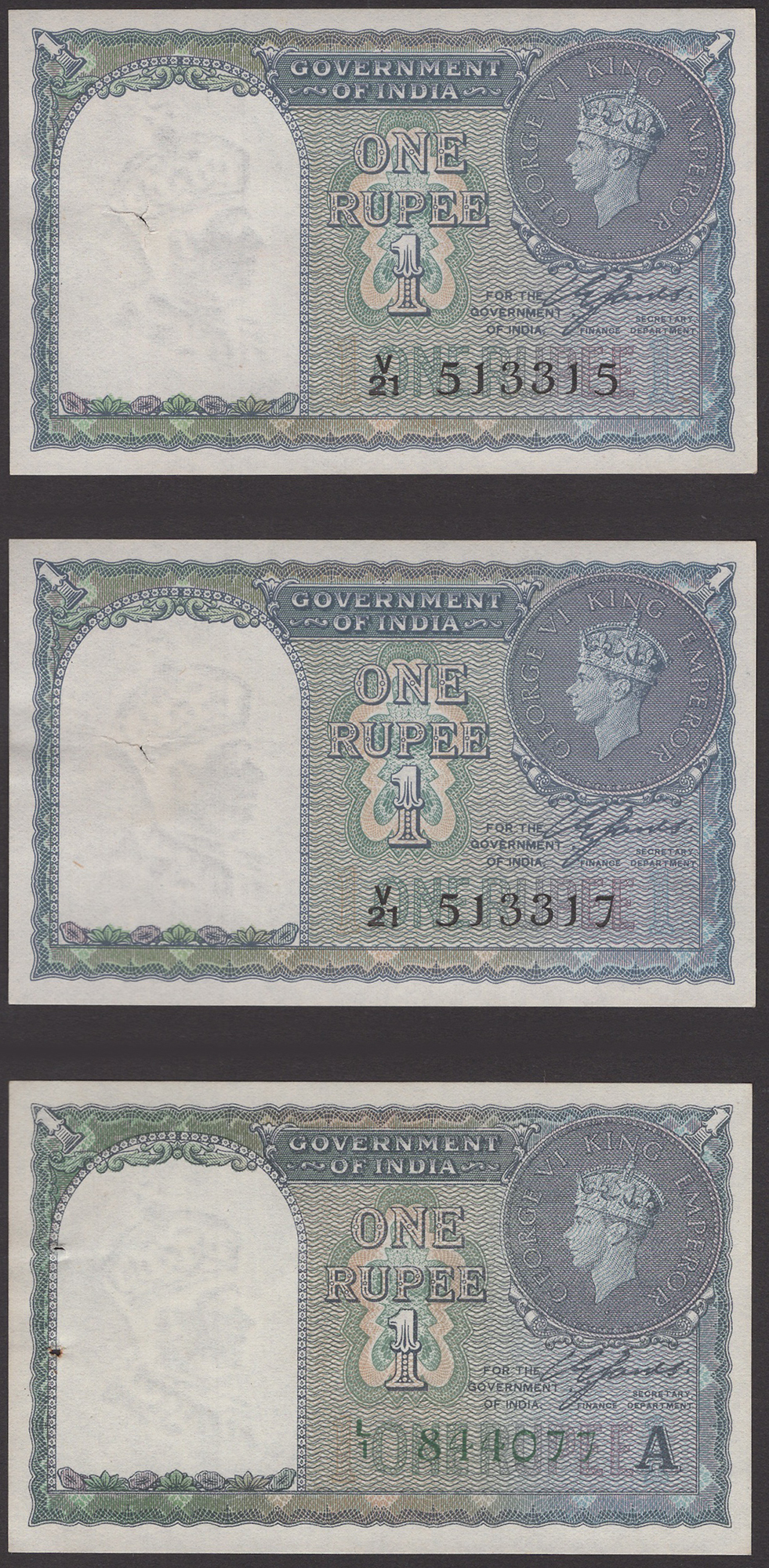 Government of India, 1 Rupee (5), 1940, serial numbers V/21 513315, V/21 513317, L/1...