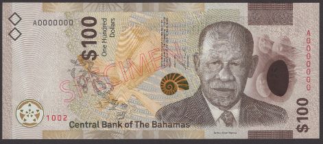 Central Bank of the Bahamas, specimen $100, 2021, serial number A0000000, Rolle signature,...