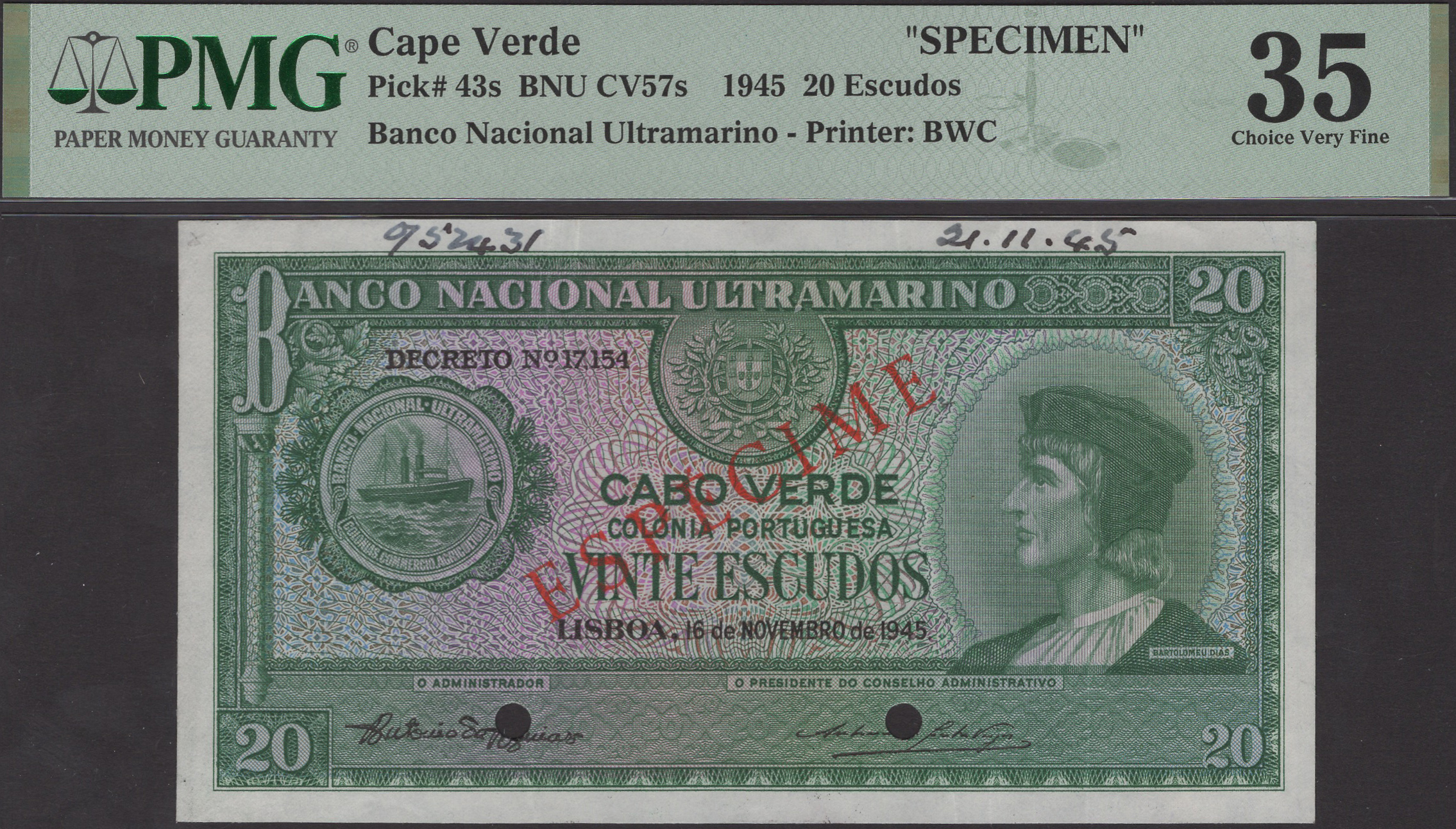 Banco Nacional Ultramarino, Cape Verde, specimen 20 Escudos, 16 November 1945, no serial...