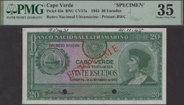 Banco Nacional Ultramarino, Cape Verde, specimen 20 Escudos, 16 November 1945, no serial...
