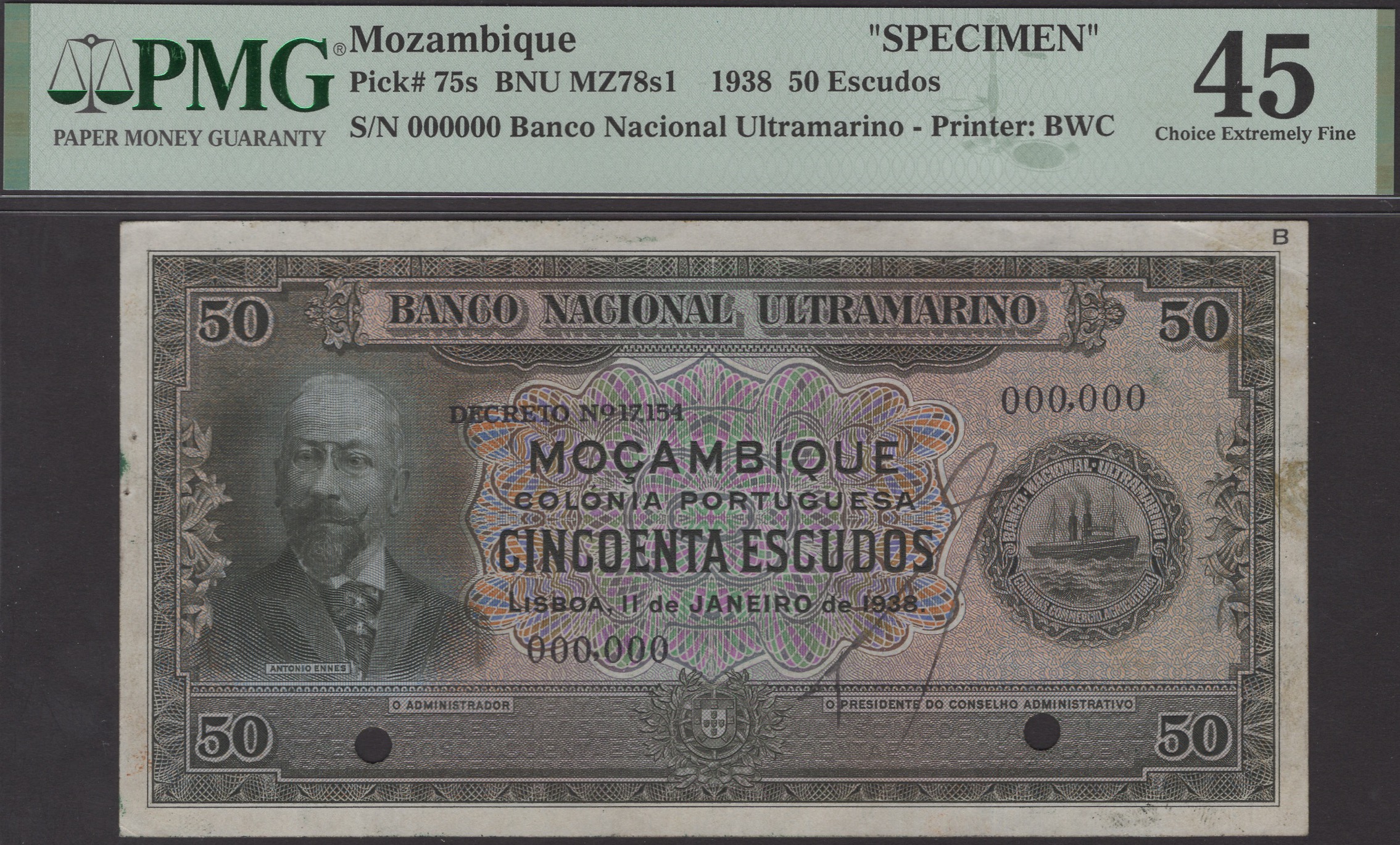 Banco Nacional Ultramarino, Mozambique, specimen 50 Escudos, 11 January 1938, serial number...