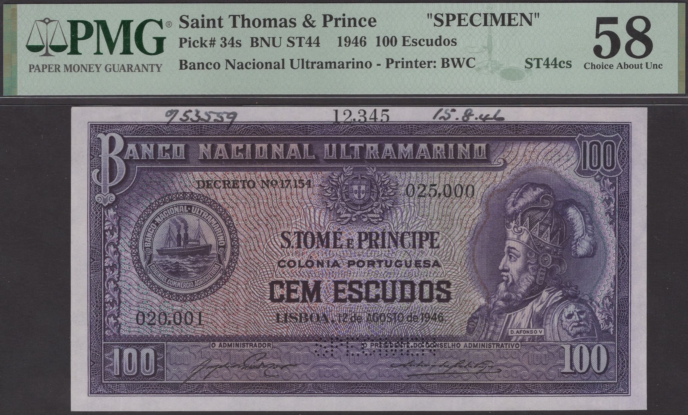 Banco Nacional Ultramarino, St Thomas & Prince, printers archival specimens for 100 Escudos... - Image 3 of 4