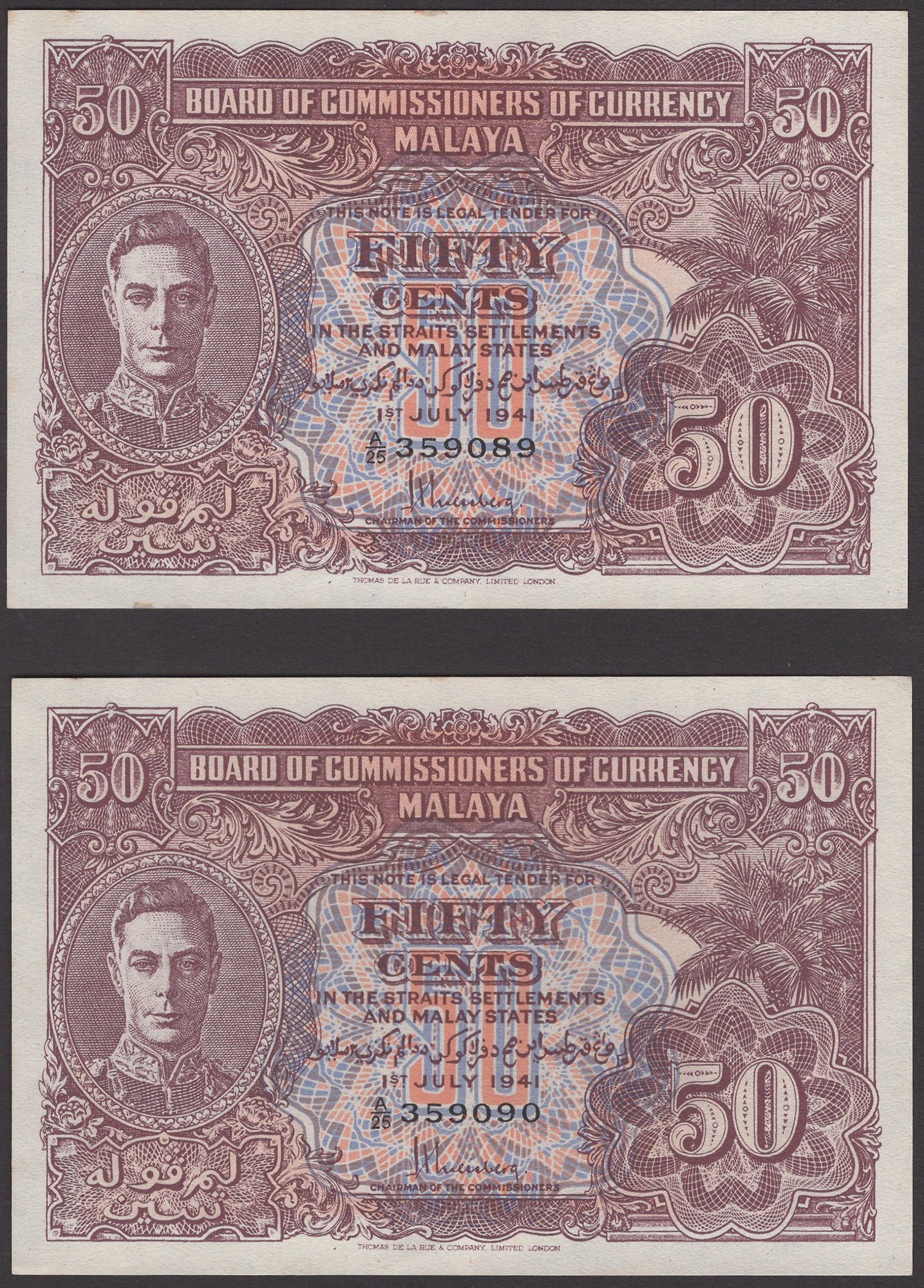 Board of Commissioners of Currency Malaya, 50 Cents (2), 1 July 1941, serial numbers A/25...