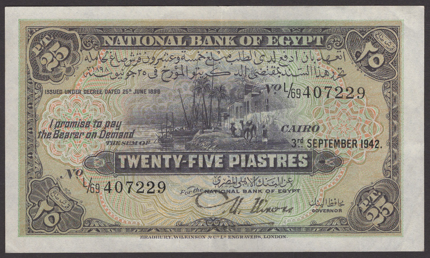 National Bank of Egypt, 25 Piastres, 3 September 1942, serial number L/69 407229, Nixon...