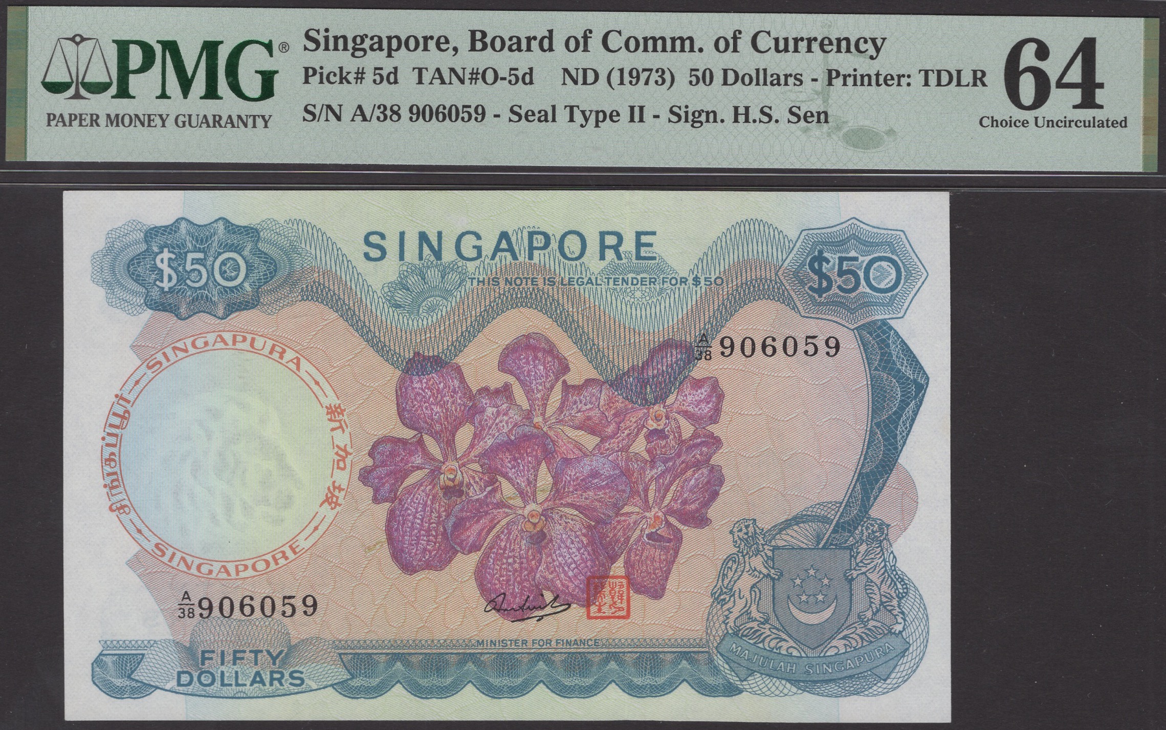 Board of Commissioners of Currency, Singapore, $50, ND (1973), serial number A/38 906059,...