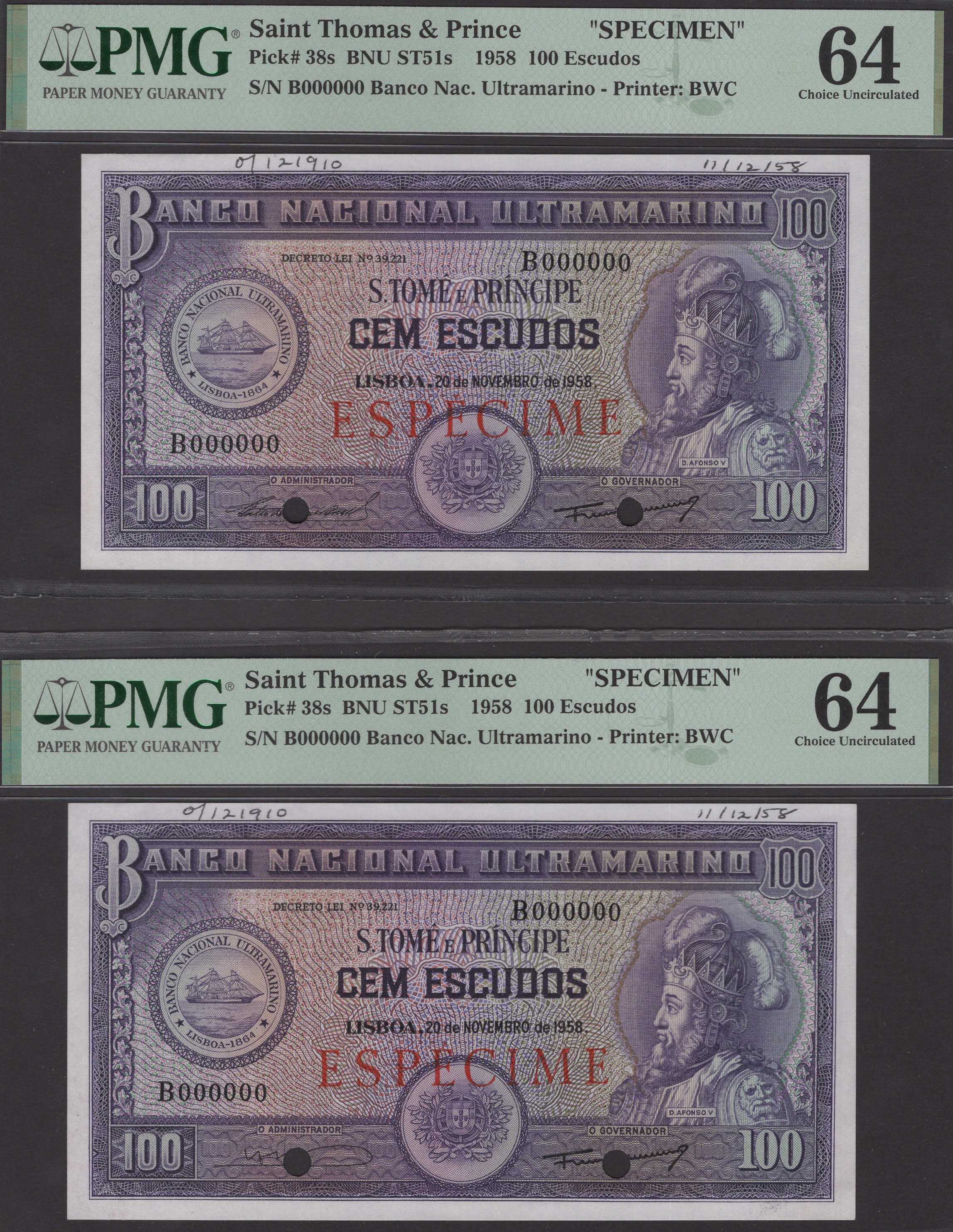 Banco Nacional Ultramarino, St Thomas & Prince, specimens for 100 Escudos (6), 20 November...