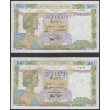 Banque de France, 500 Francs (2), 29 January 1942, serial numbers O.6040 274-75, corner...