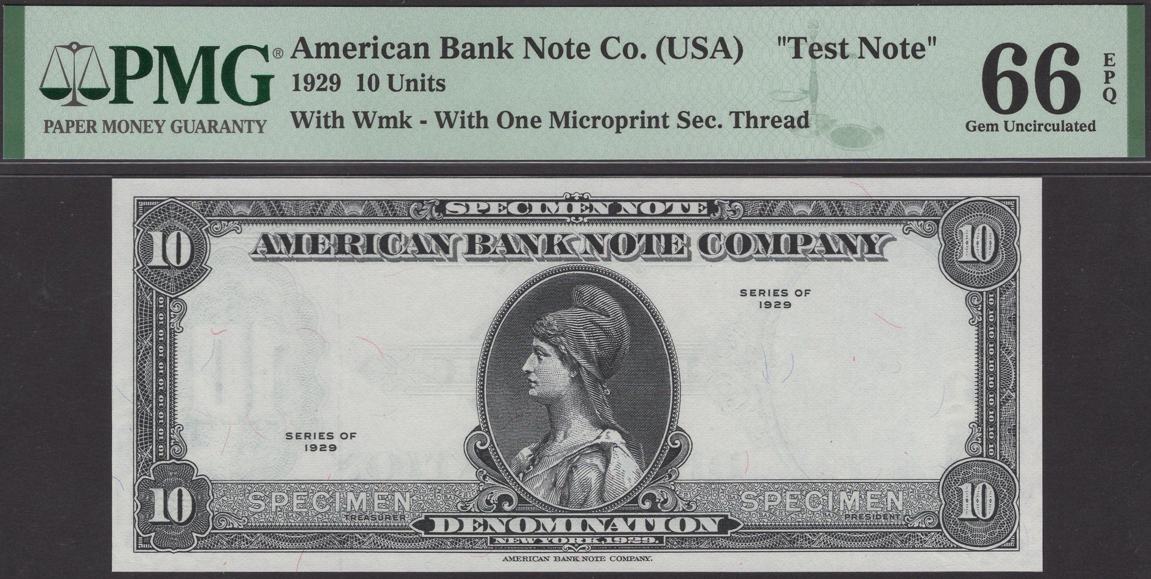 American Banknote Company, a test note for 10 (units), New York, 'Series of 1929', obverse...