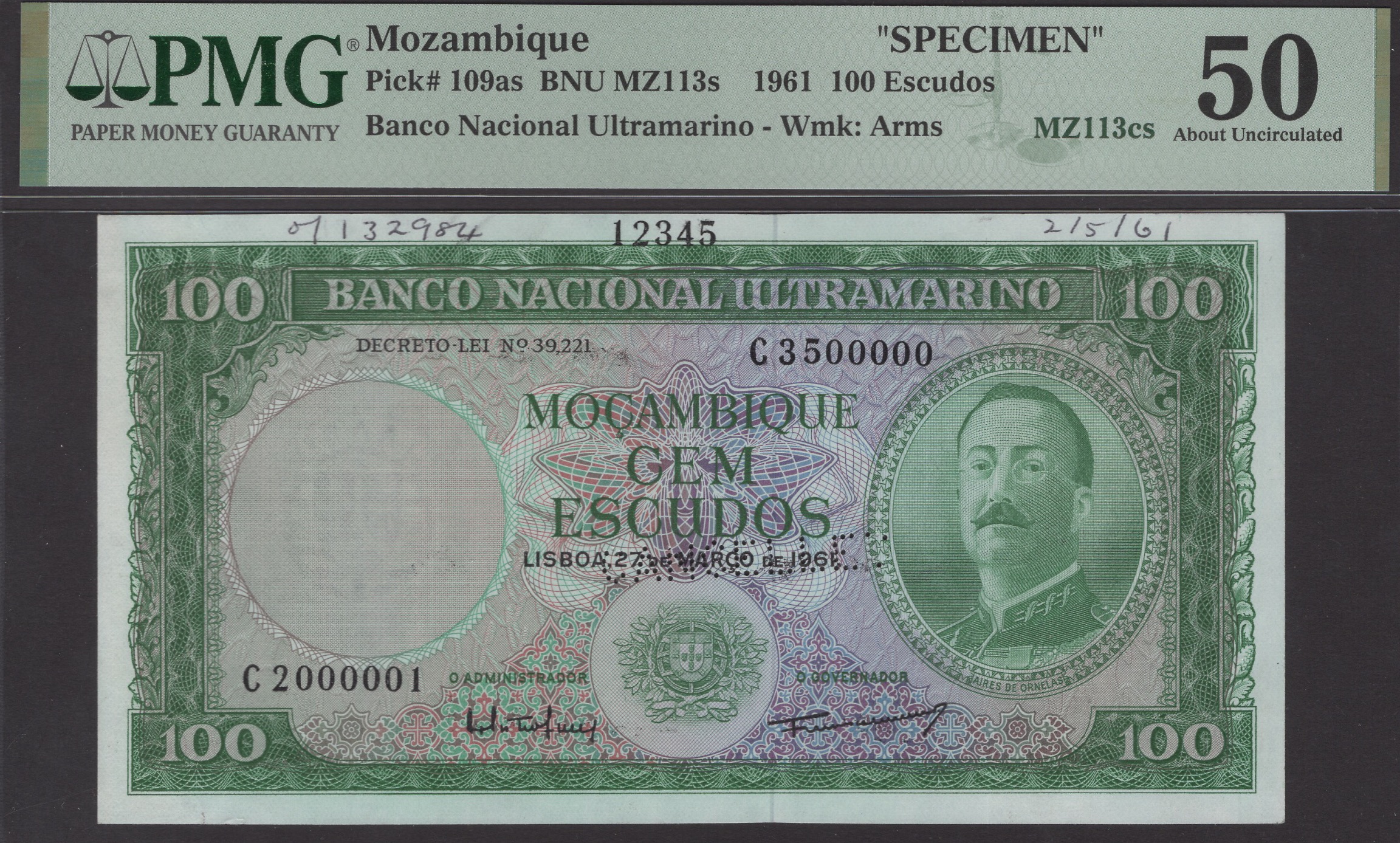 Banco Nacional Ultramarino, Mozambique, printers archival specimens for 100 Escudos (3), 27... - Image 3 of 4
