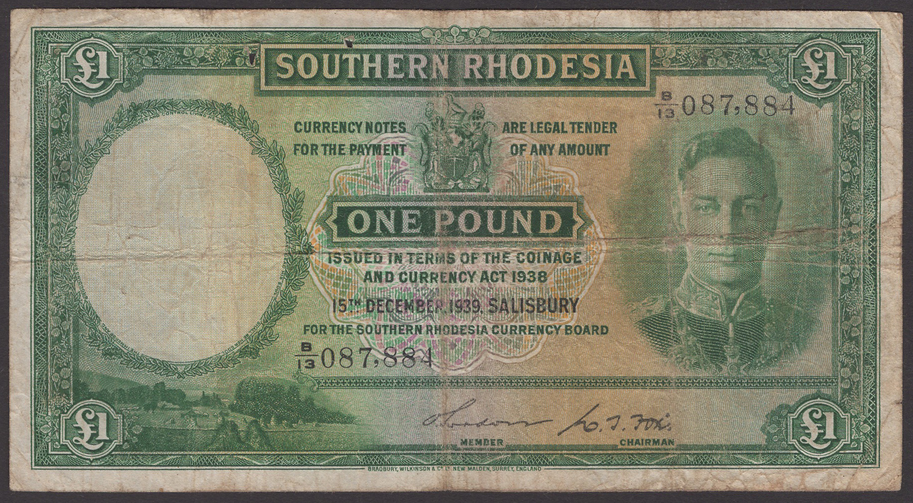 Southern Rhodesia Currency Board, Â£1, 15 December 1939, serial number B/13 087887, Gordon...