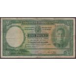 Southern Rhodesia Currency Board, Â£1, 15 December 1939, serial number B/13 087887, Gordon...