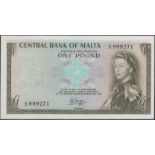 Central Bank of Malta, Â£1, 1967 (1969), serial number A/10 999271, Hogg signature,...