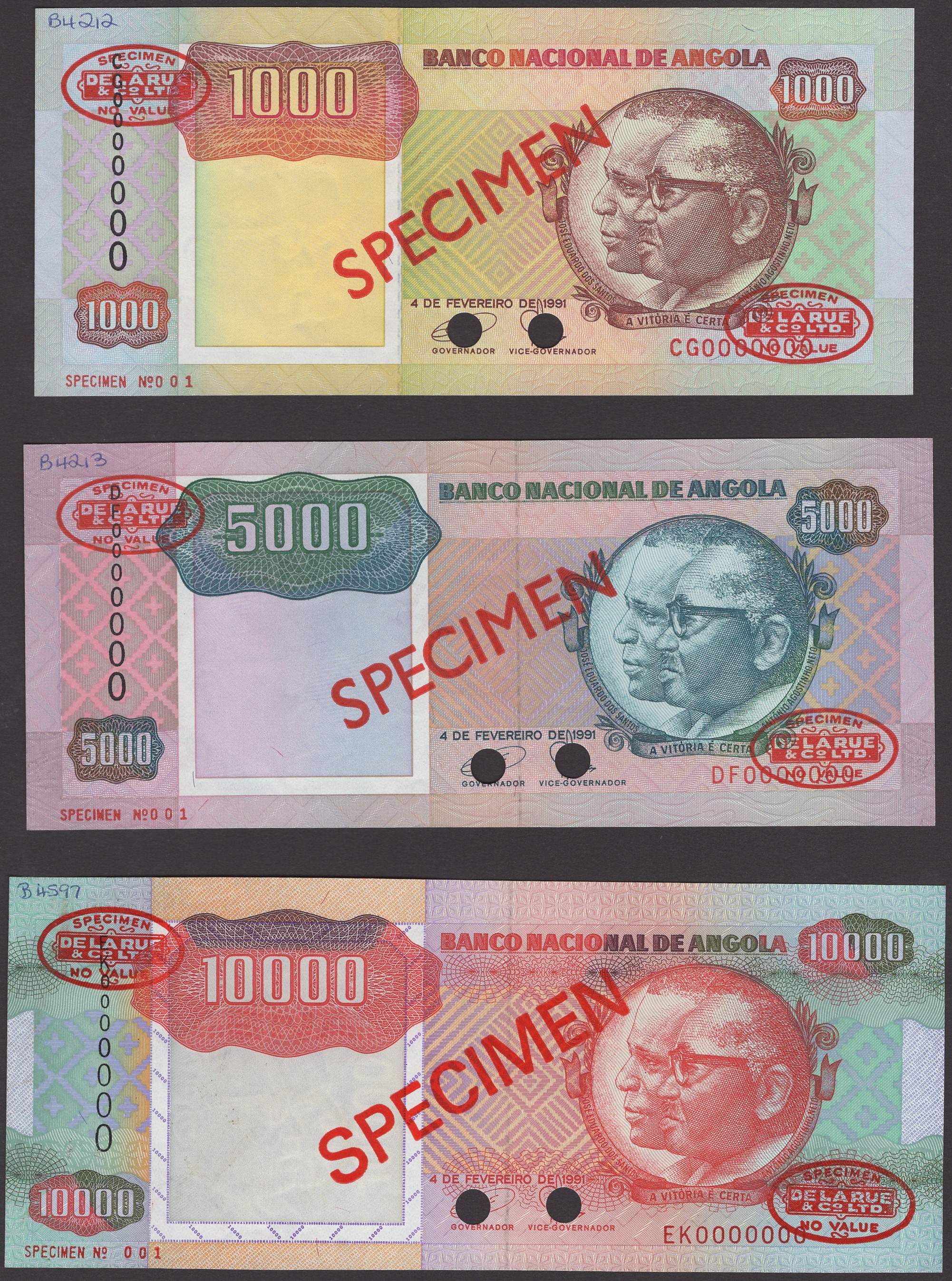 Banco Nacional de Angola, a group of specimens for the 4 February 1991 issue comprising... - Image 3 of 4