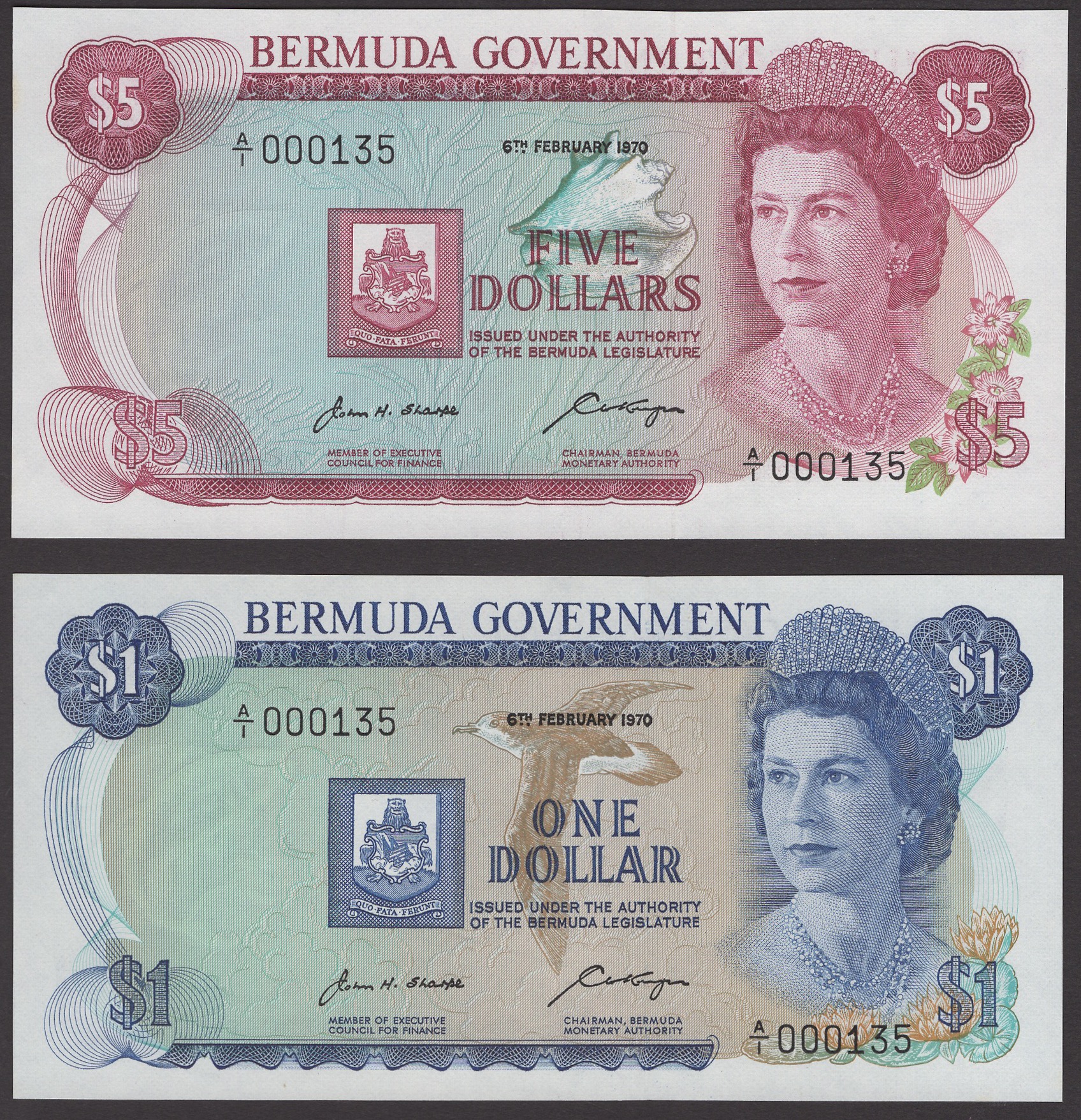 Bermuda Government, a set comprising $1, $5, $10, $20 and $50, 6 February 1970, all serial... - Image 3 of 4