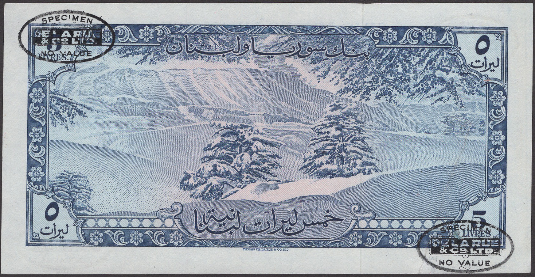 Banque de Syrie et du Liban, Lebanon, specimen 5 Livres, 1952, serial number E14 00000,... - Image 2 of 2