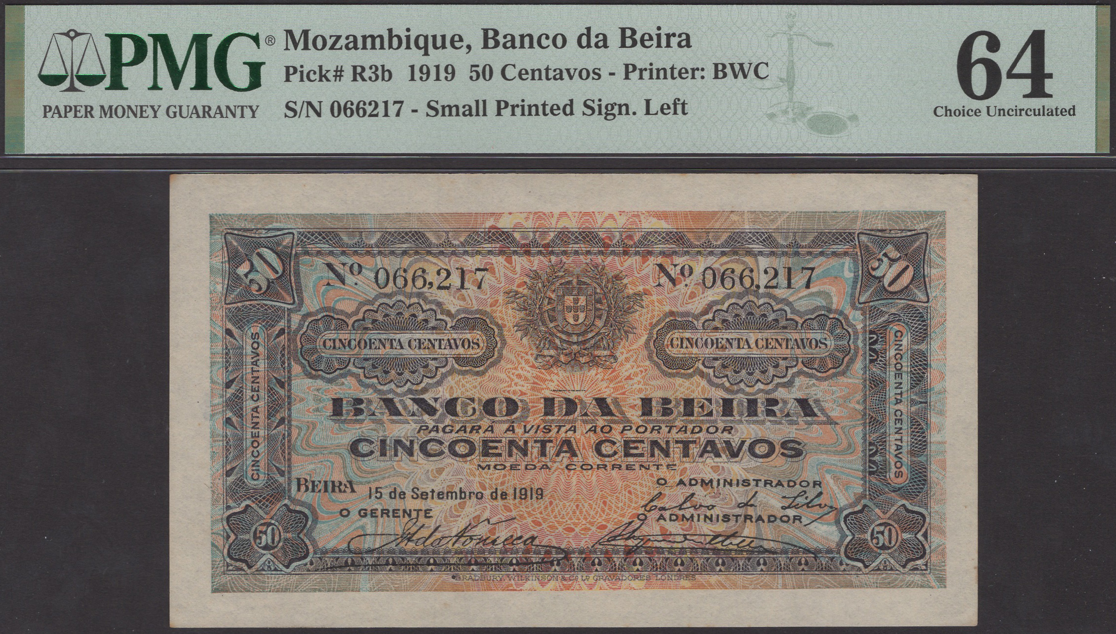 Banco da Beira, 50 Centavos, 15 September 1919, serial number 066217, in PMG holder 64,...