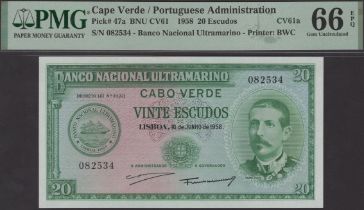 Banco Nacional Ultramarino, Cape Verde, 20 Escudos, 16 June 1958, serial number 082534,...