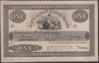 Bank of New South Wales, Moreton Bay, proof on card for Â£1, 18-, no signature or serial...