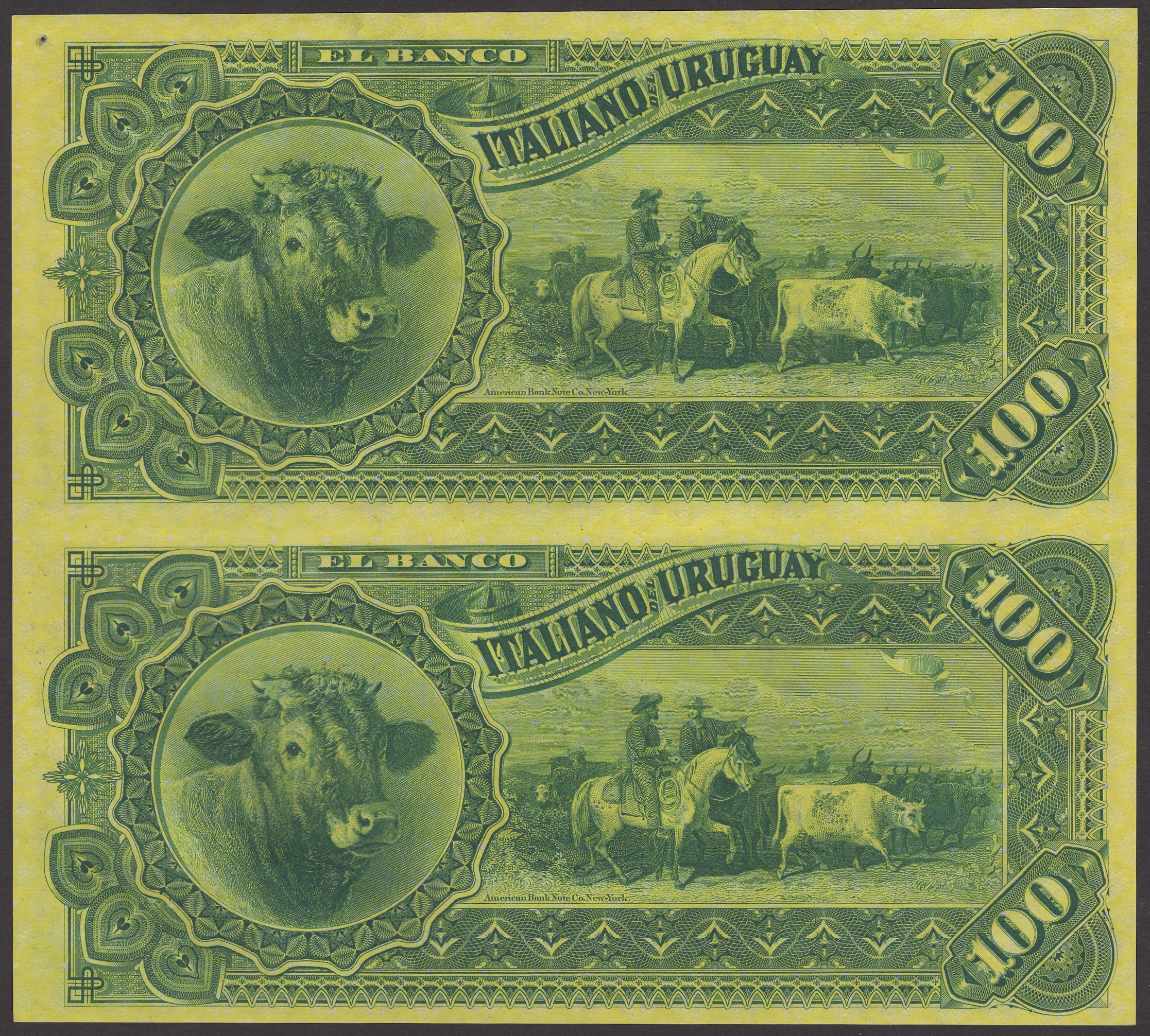 Banco Italiano del Uruguay, an uncut pair of unissued 100 Pesos, 20 September 1887, serial... - Image 2 of 2