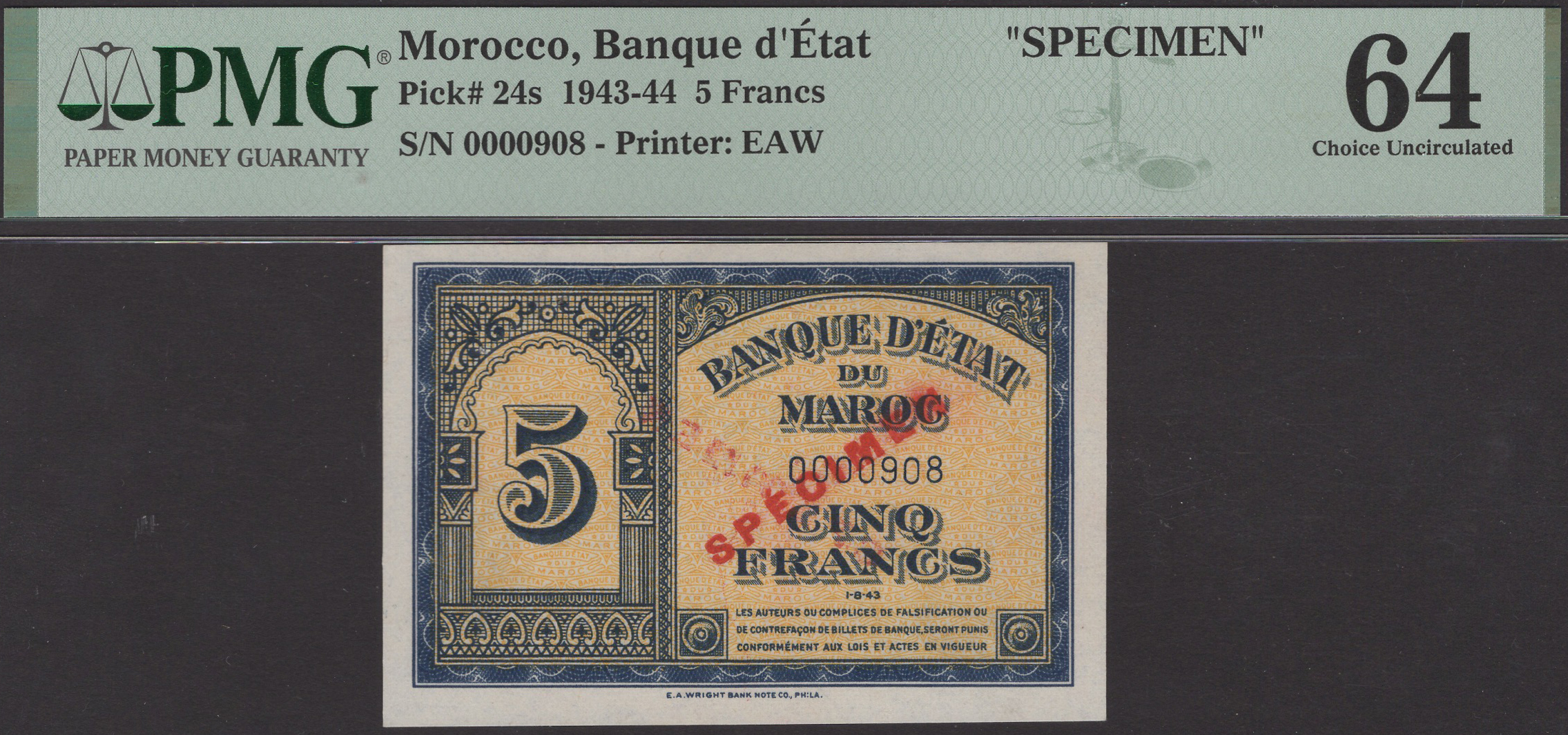 Banque d'Etat Du Maroc, specimen 5 Francs, 1 August 1943, serial number 0000908, stamped...