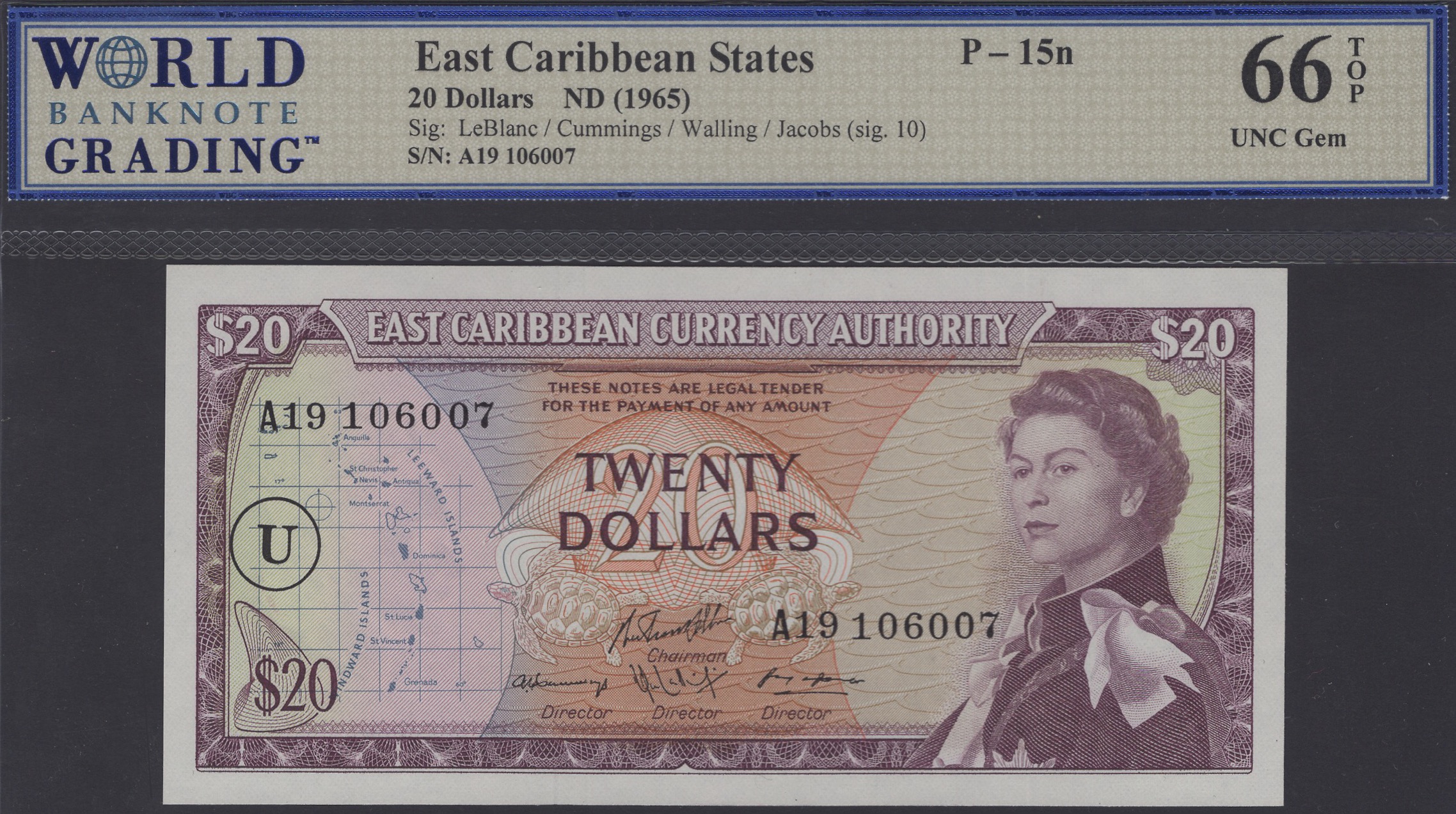 East Caribbean Currency Authority, $20, ND (1965), serial number A19 106007, LeBlanc,...