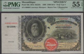 Banco Nacional Ultramarino, Mozambique, specimen 2500 Reis, 2 January 1908, red manuscript...