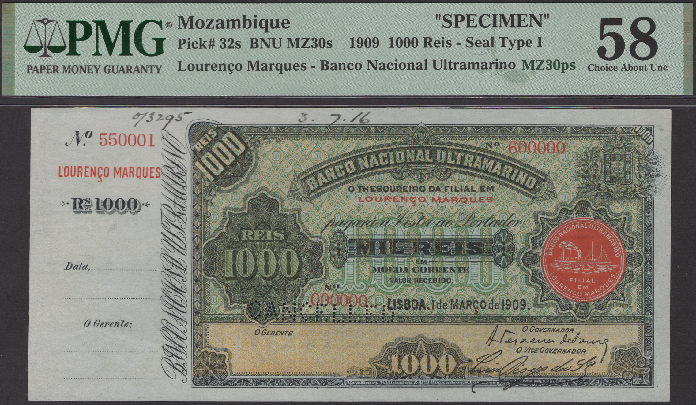 Banco Nacional Ultramarino, Mozambique, printers archival specimen 1000 Reis, 1 March 1909,...