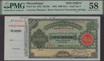 Banco Nacional Ultramarino, Mozambique, printers archival specimen 1000 Reis, 1 March 1909,...