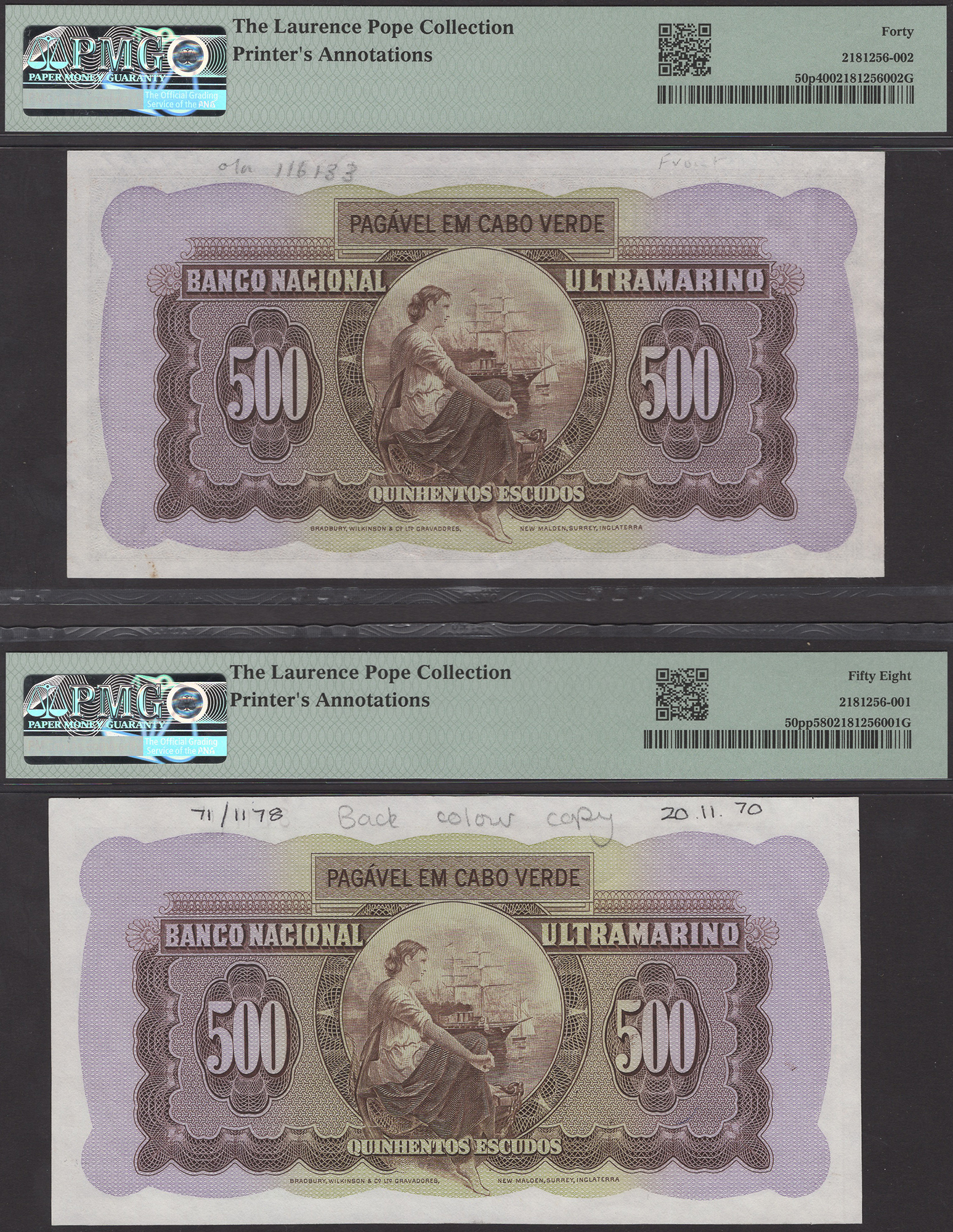 Banco Nacional Ultramarino, Cape Verde, proofs for 500 Escudos (2), ND (1958), no serial... - Image 2 of 2