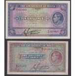 Government of Malta, 2 Shillings and 6 Pence, ND (1940), serial number A/3 471395, also 10...