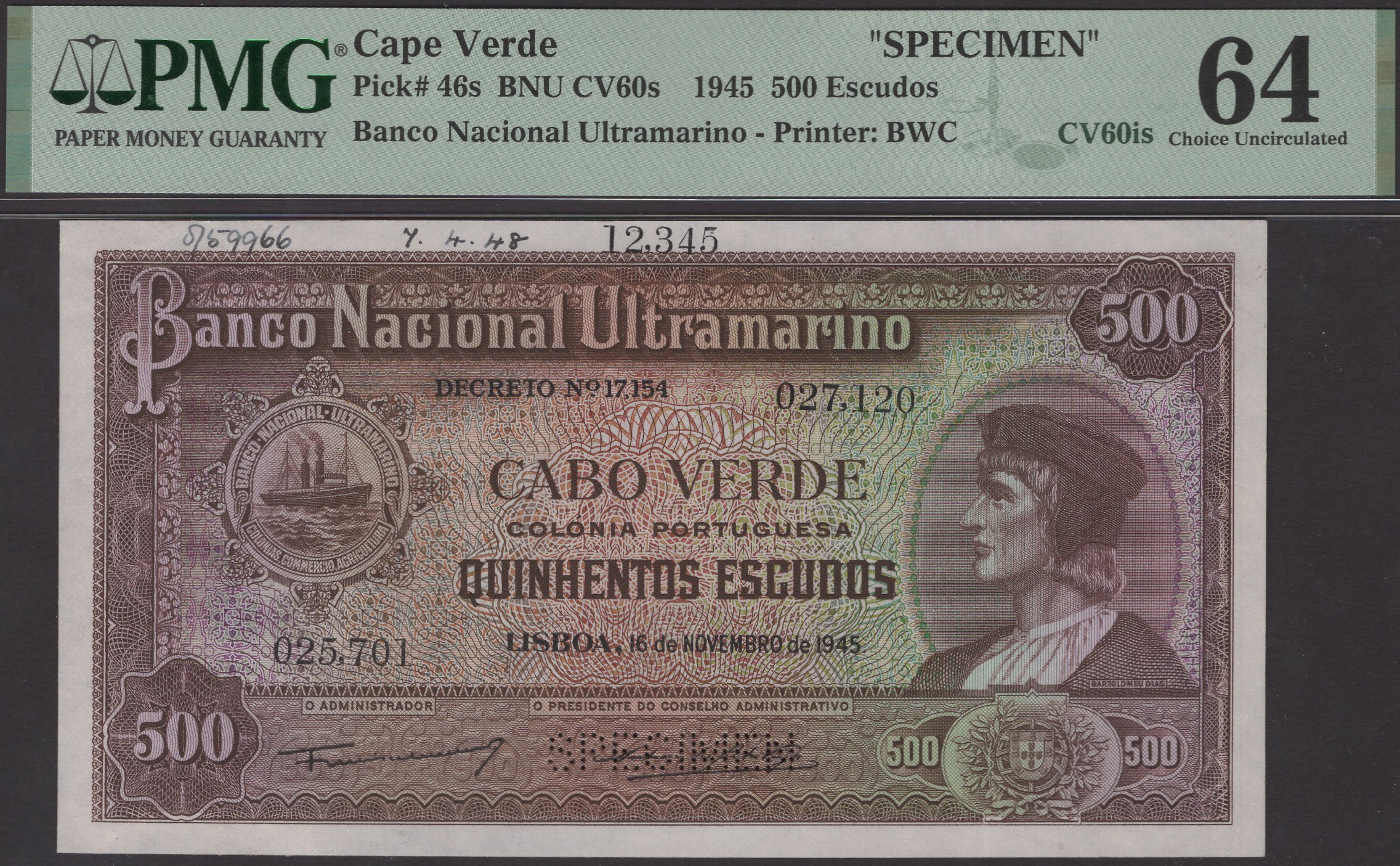 Banco Nacional Ultramarino, Cape Verde, printers archival specimen 500 Escudos, 16 November...