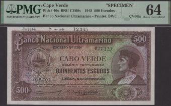 Banco Nacional Ultramarino, Cape Verde, printers archival specimen 500 Escudos, 16 November...