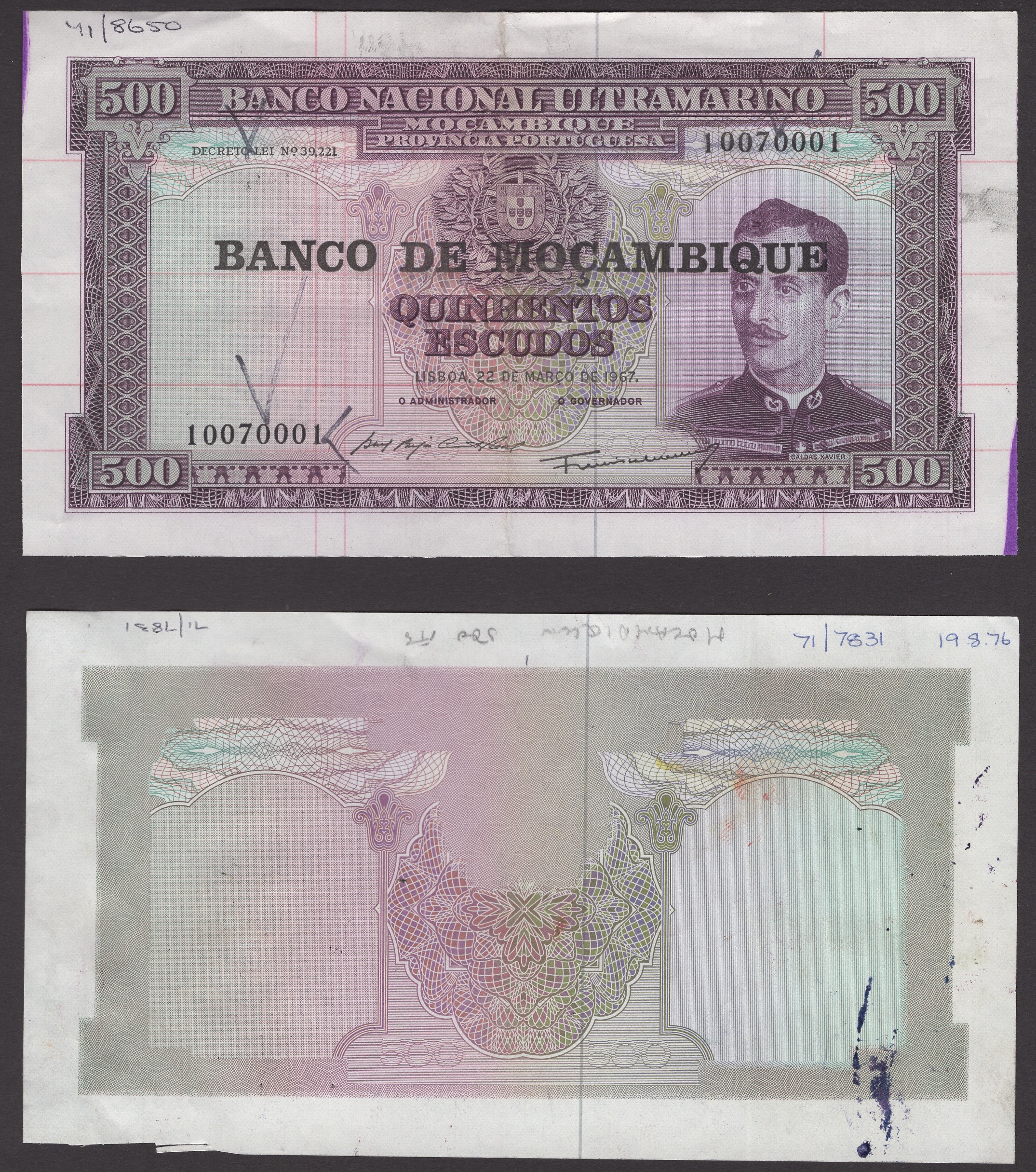 Banco de Mocambique, specimen 500 Escudos (2), 22 March 1967 (1976), serial number 0000000,... - Bild 3 aus 4