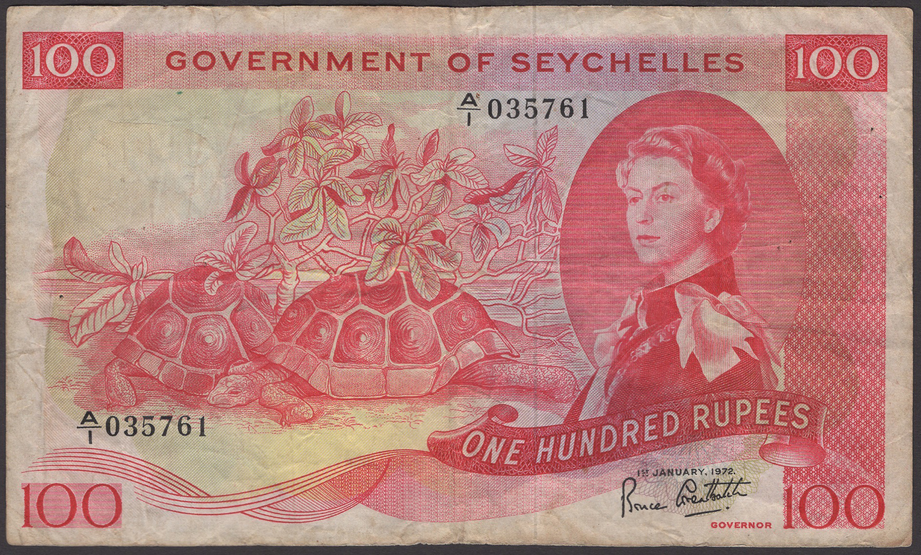 Government of Seychelles, 100 Rupees, 1 January 1972, serial number A/1 035761, a couple of...