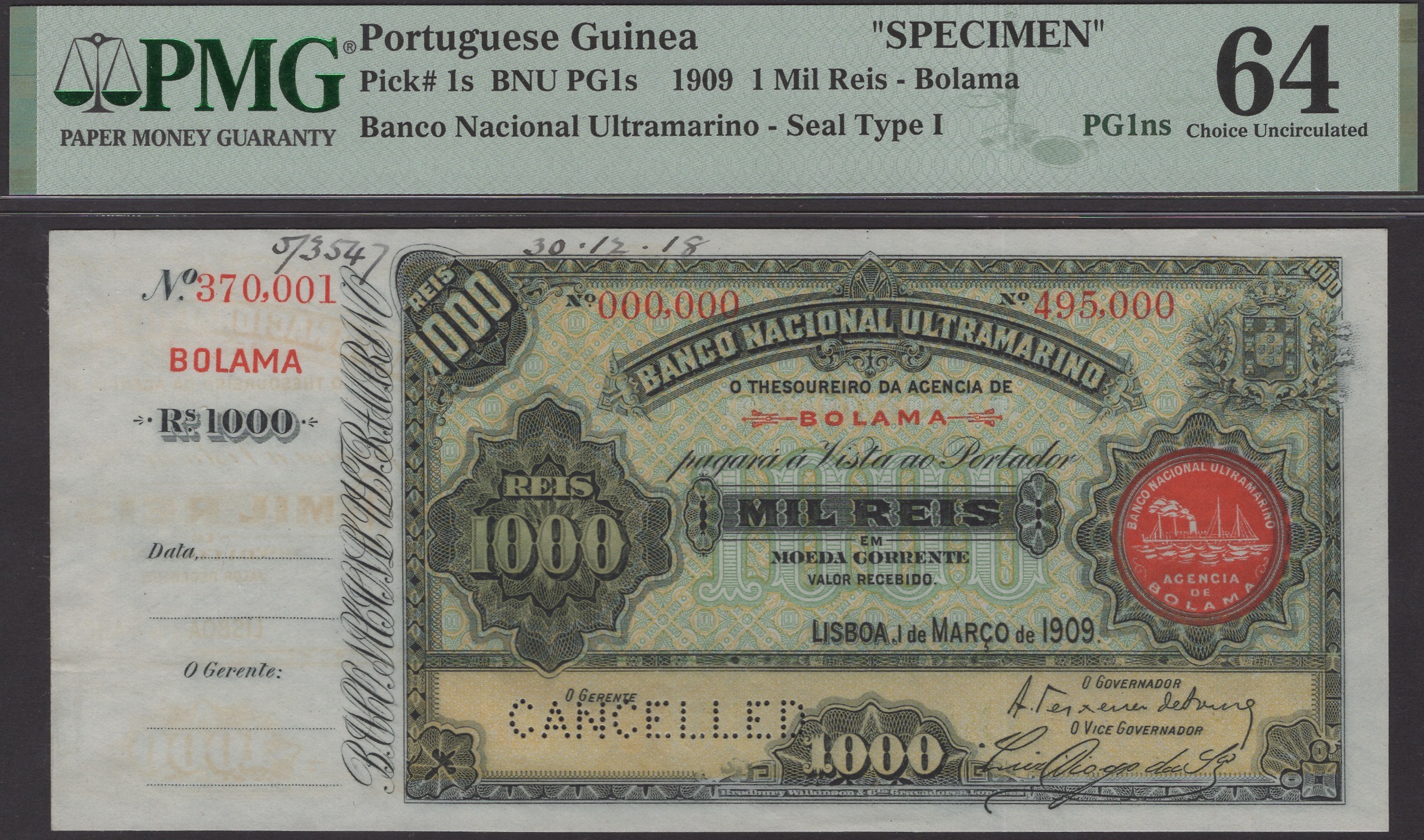 Banco Nacional Ultramarino, Portuguese Guinea, printers archival specimen 1000 Reis, 1...