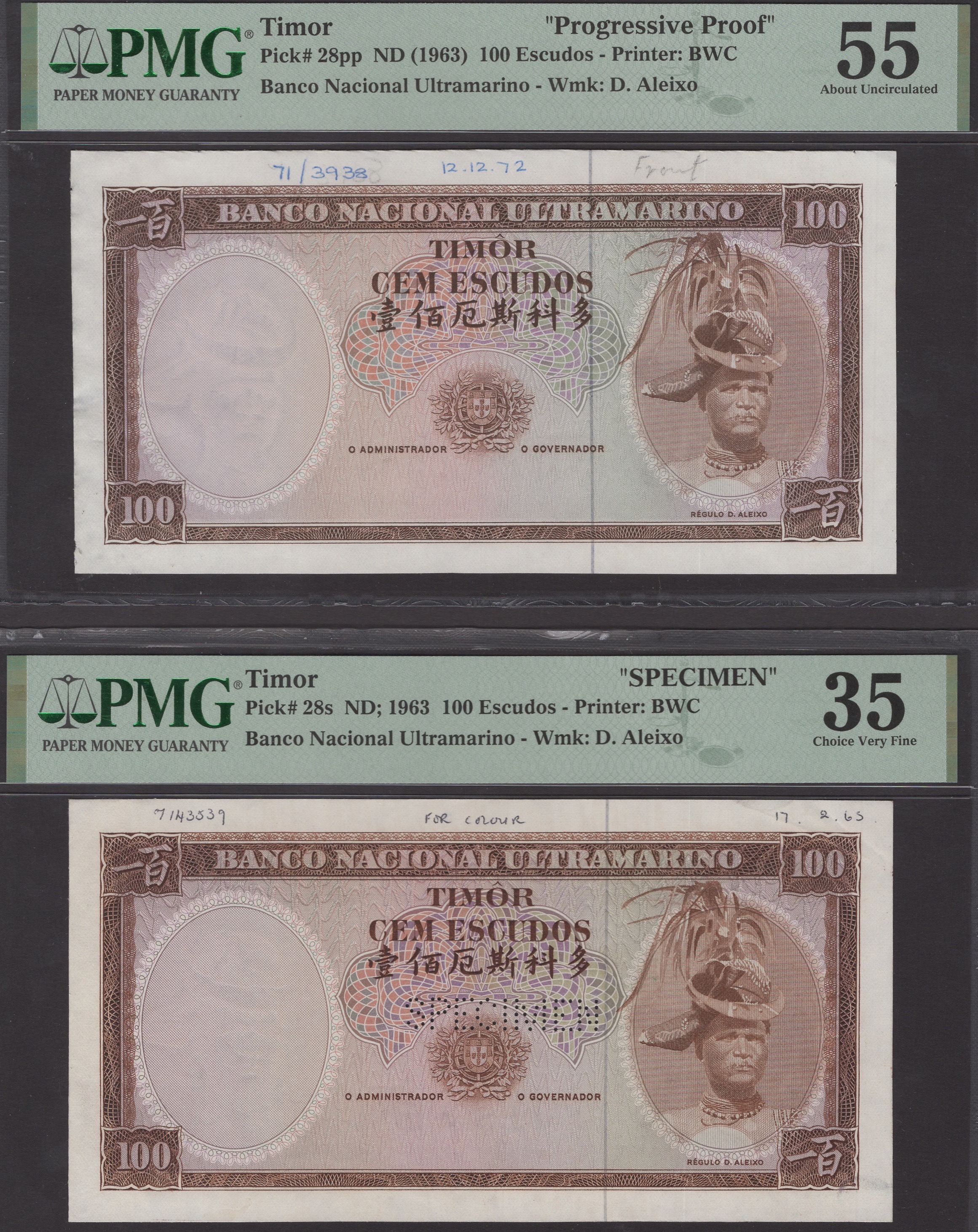 Banco Nacional Ultramarino, Timor, proofs for 100 Escudos (3), ND (1963), comprising two...