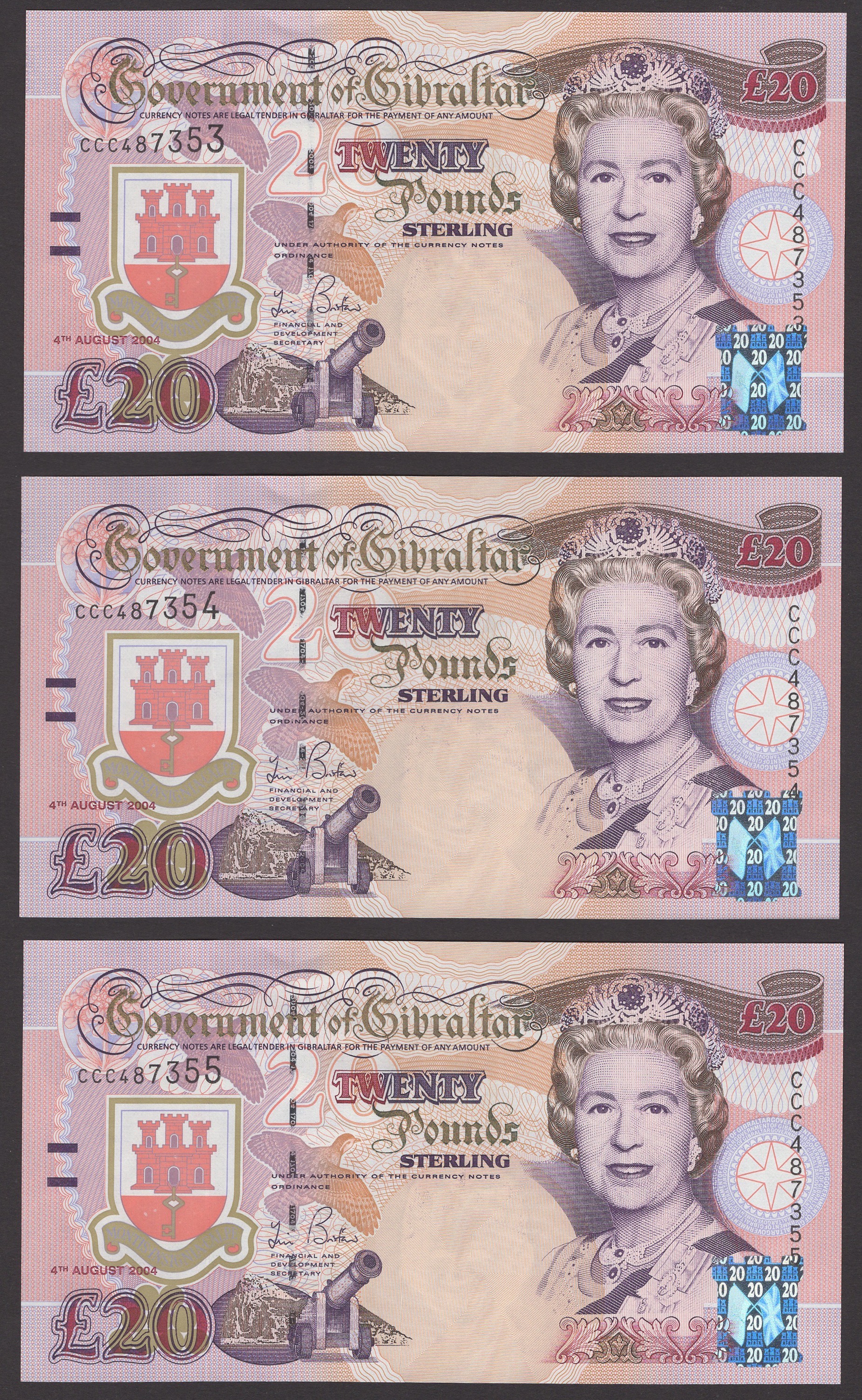 Government of Gibraltar, Â£20 (5), 4 August 2004, serial numbers CCC487353-57, Bristow...