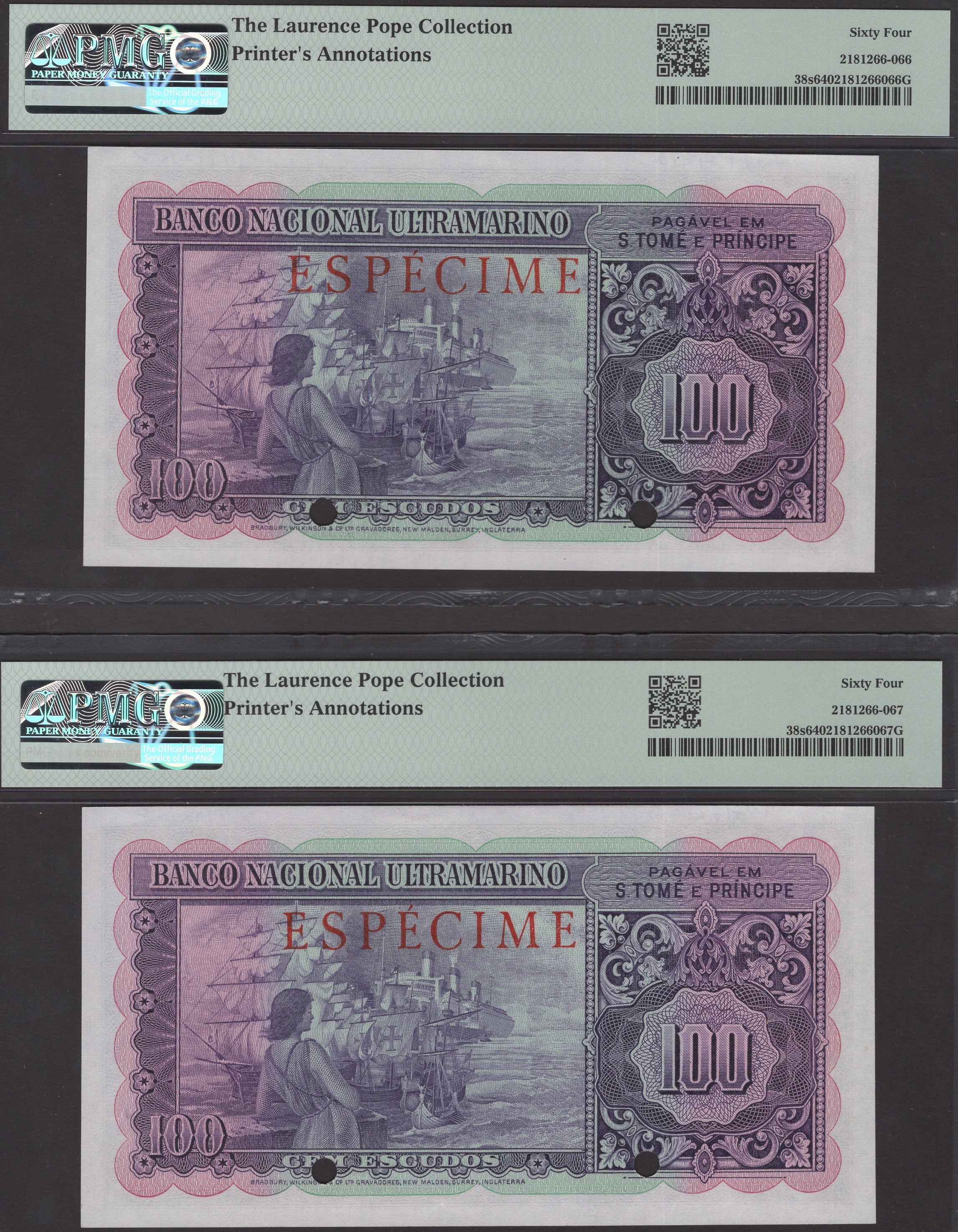 Banco Nacional Ultramarino, St Thomas & Prince, specimens for 100 Escudos (6), 20 November... - Image 4 of 6