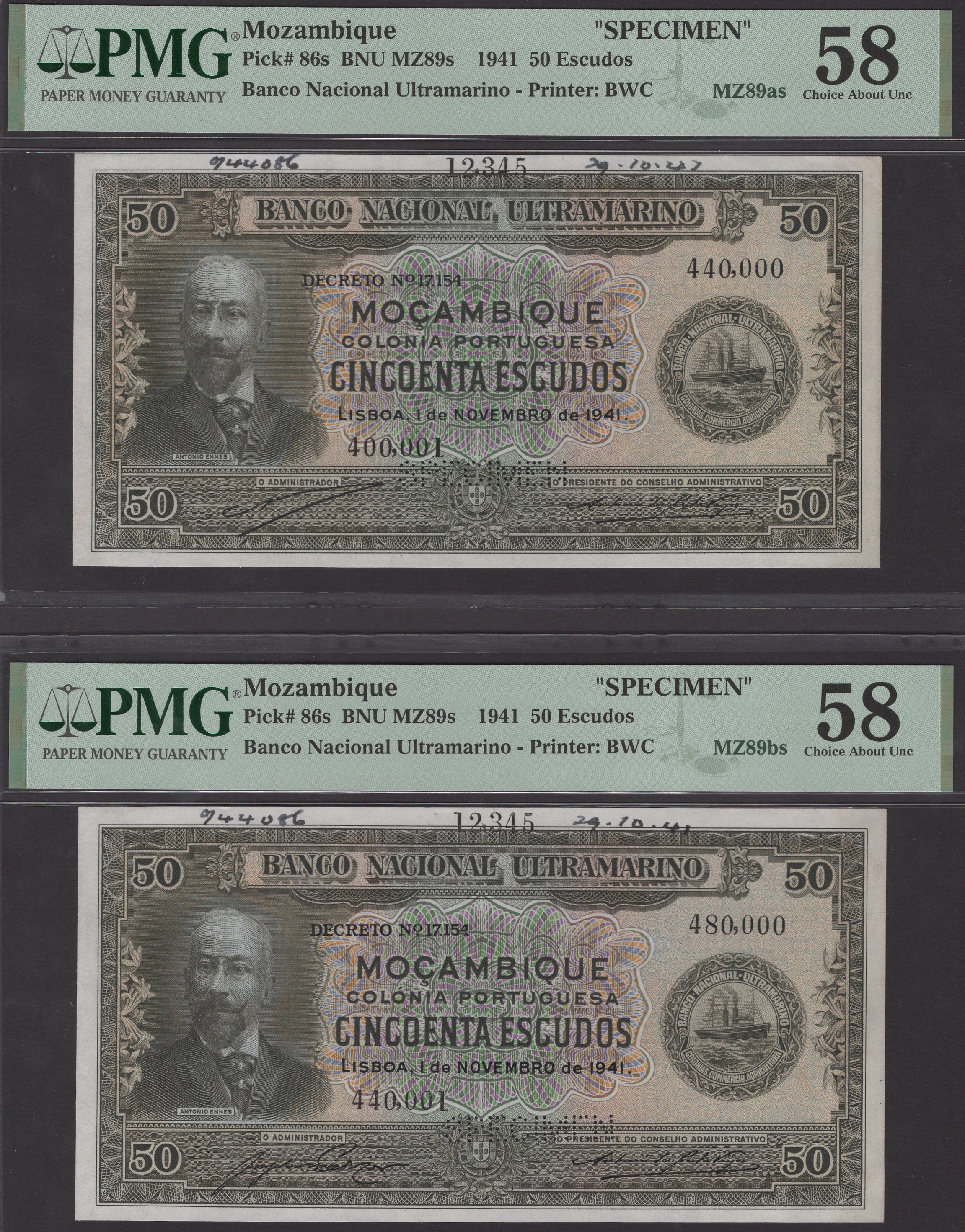 Banco Nacional Ultramarino, Mozambique, printers archival specimens for 50 Escudos (5), 1...